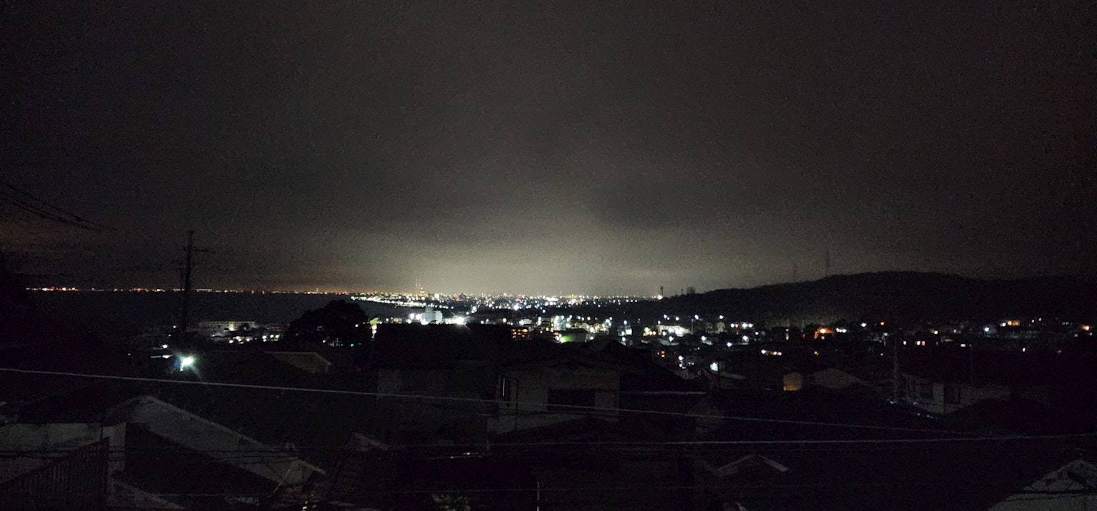 Panoramic view of a night city skyline with scattered lights