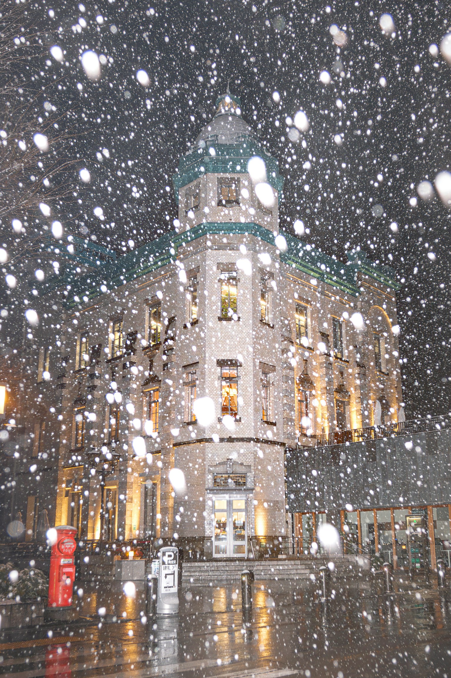 Beautiful building facade in a snowy night scene
