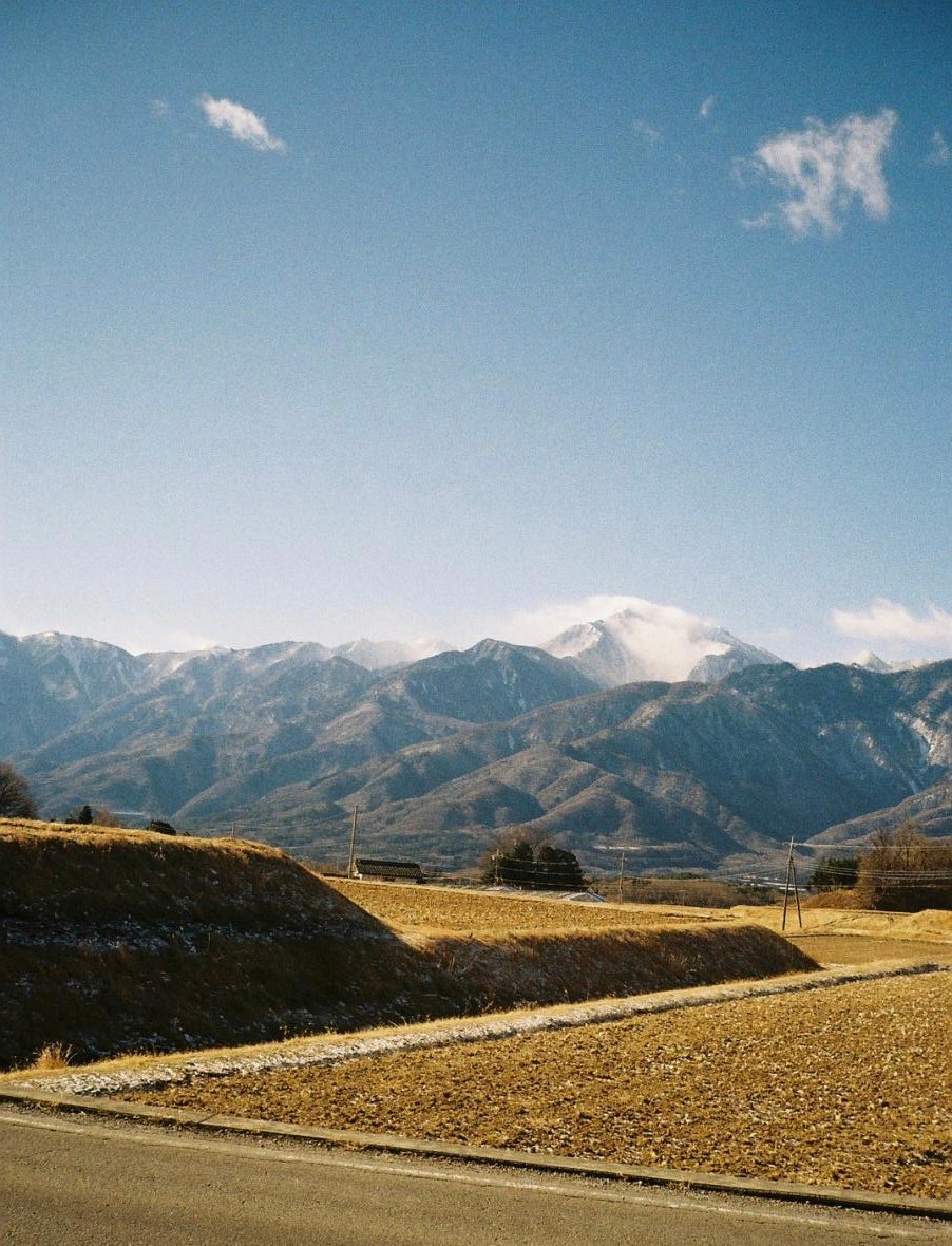 山並みを望む草地の道