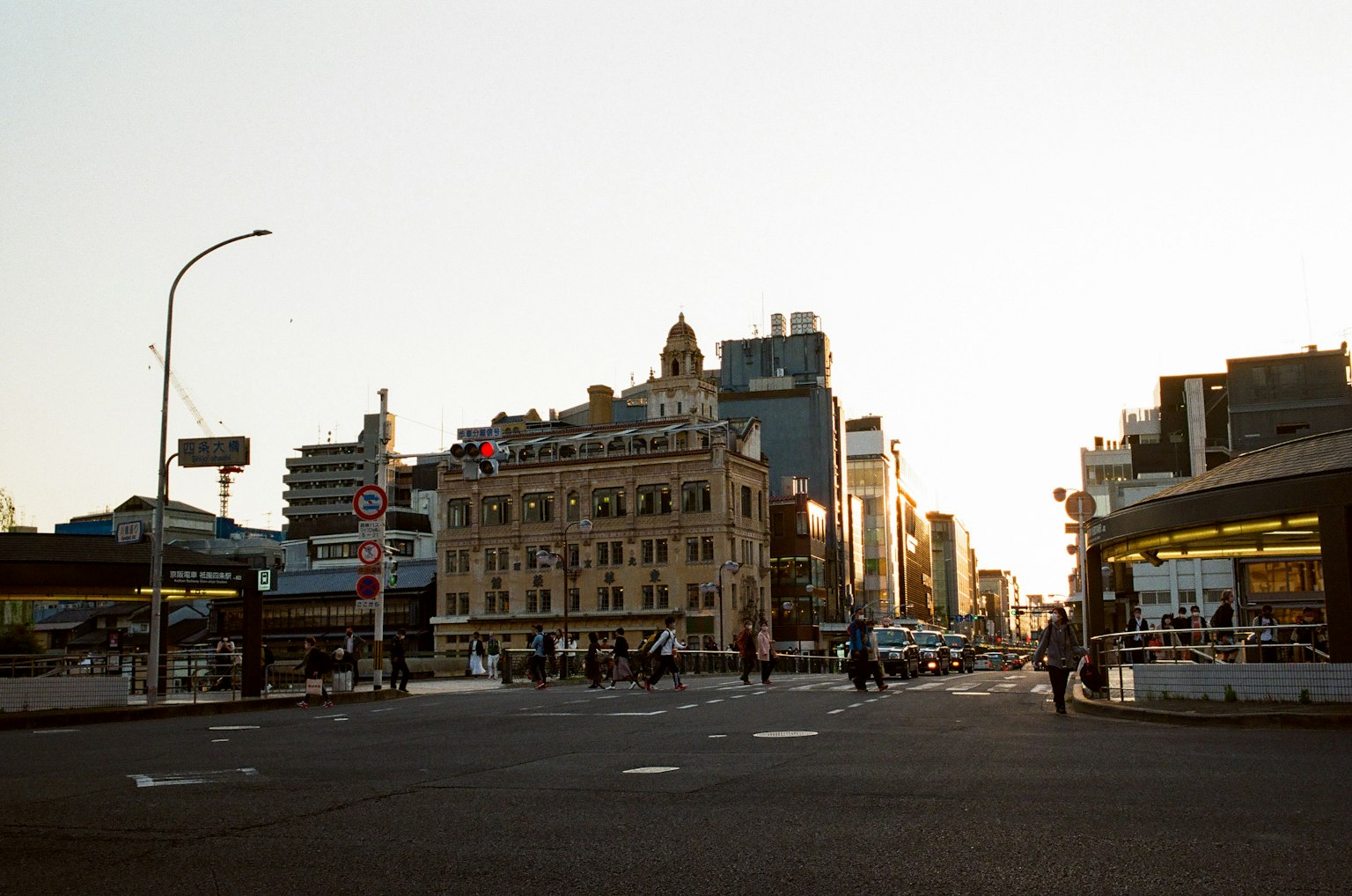 Urban landscape at dusk featuring historical architecture