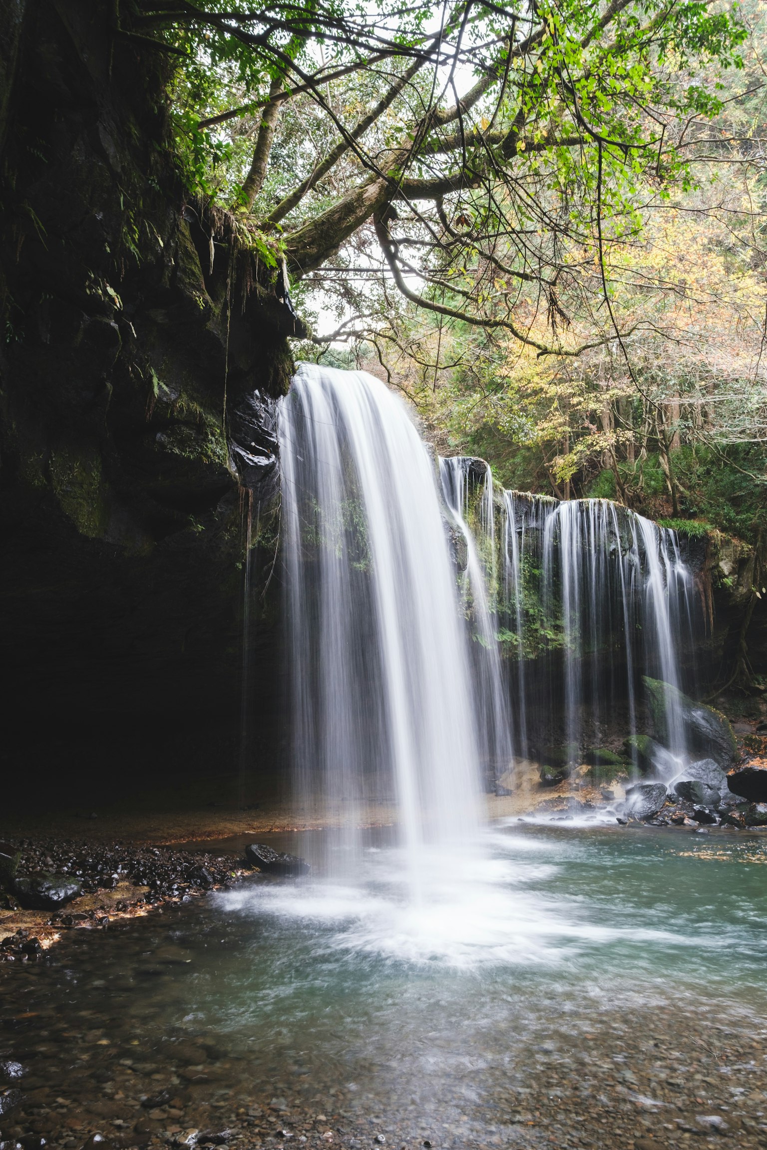 Hermosa cascada rodeada de vegetación y un flujo de agua sereno