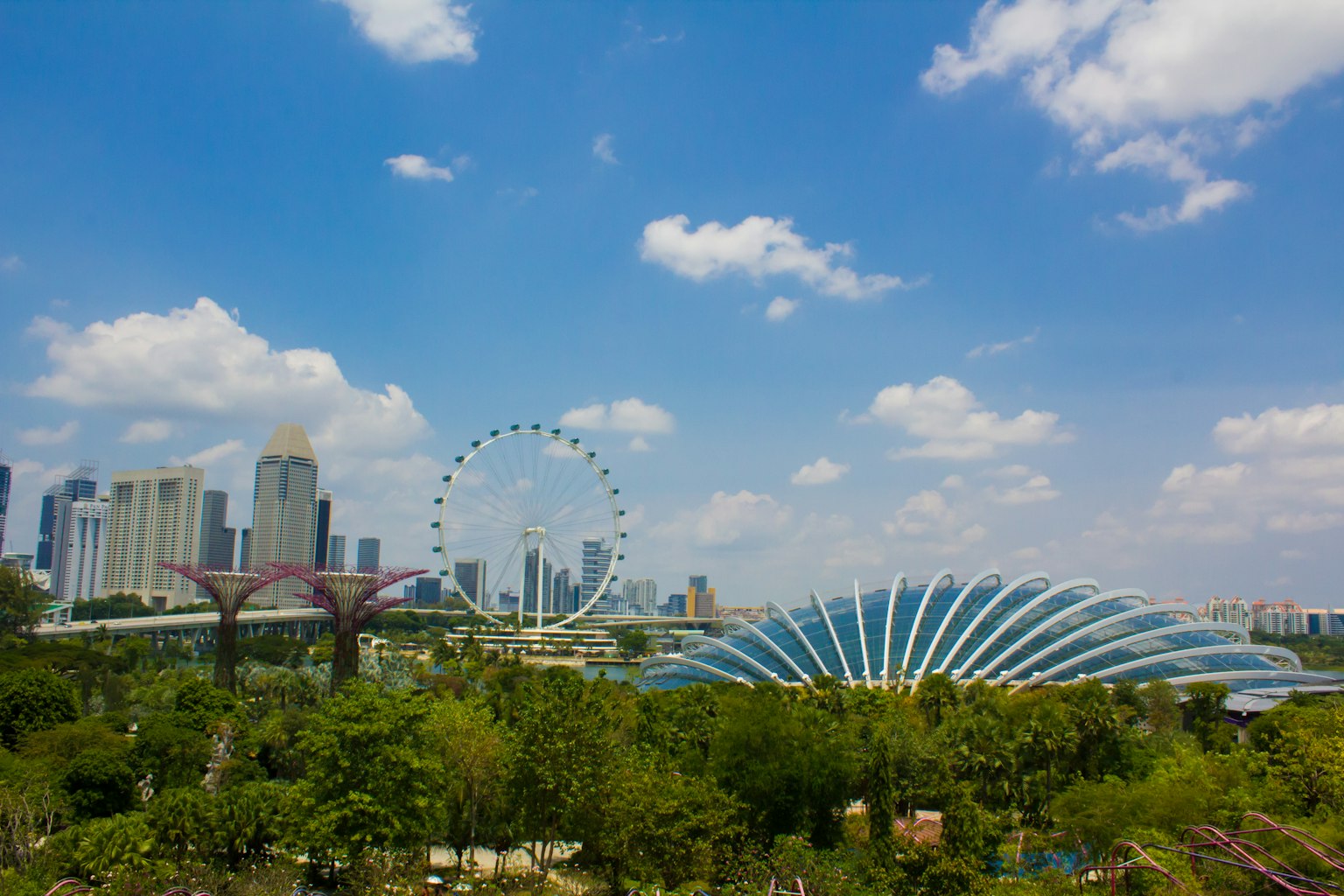 Malersicher Blick auf Singapur mit dem Riesenrad und der Architektur der Gardens by the Bay