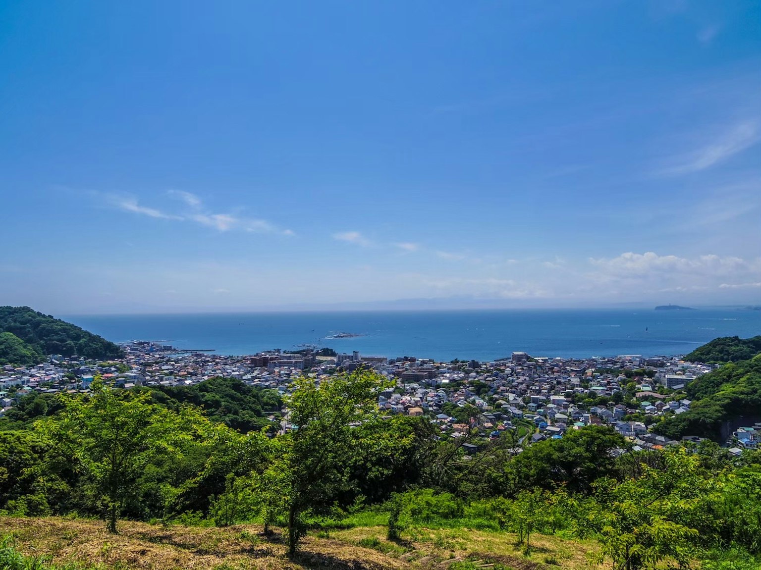Pemandangan indah kota pesisir dikelilingi langit biru dan lautan pohon hijau subur dan atap