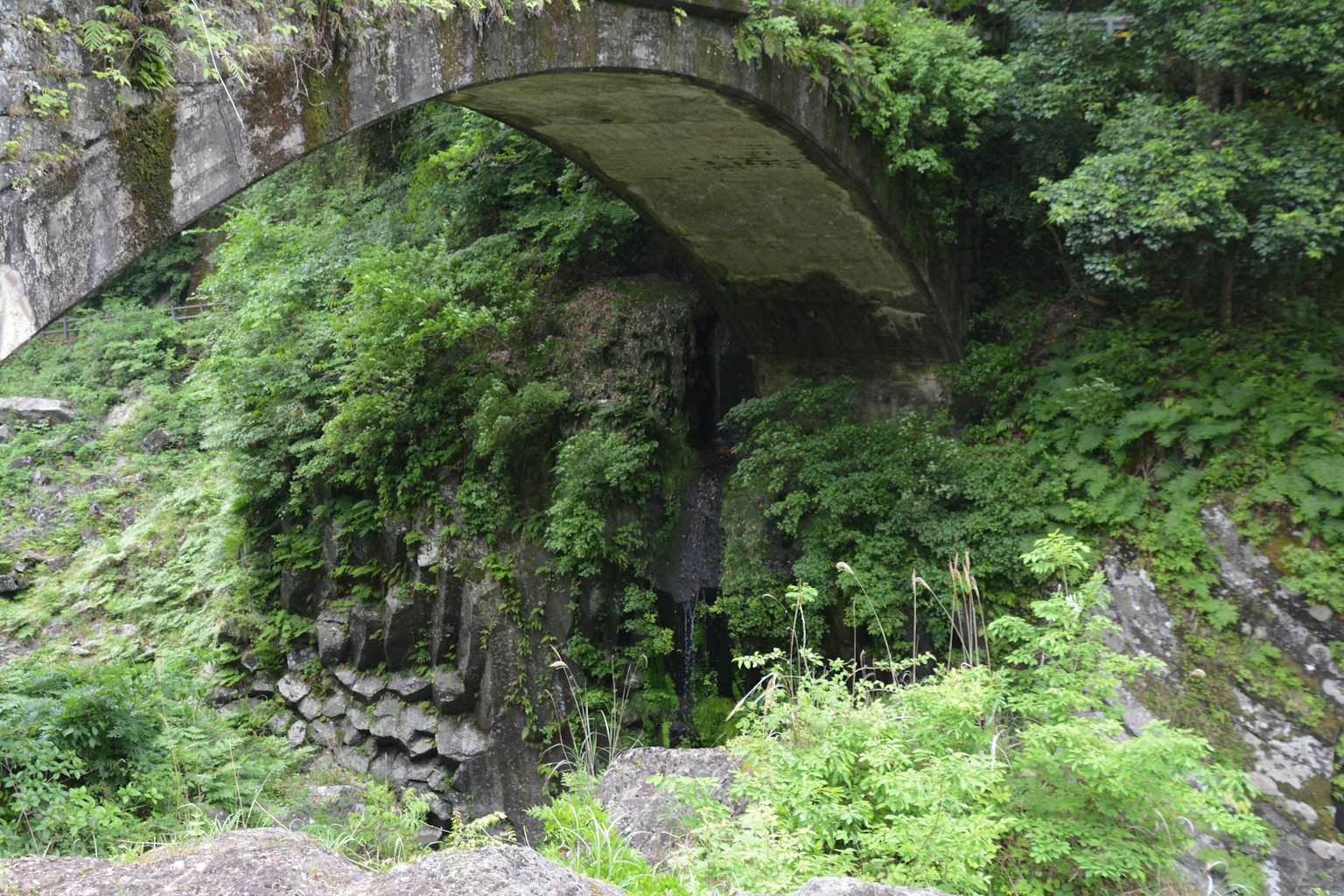 Vieux pont en pierre entouré de verdure luxuriante et d'une cascade