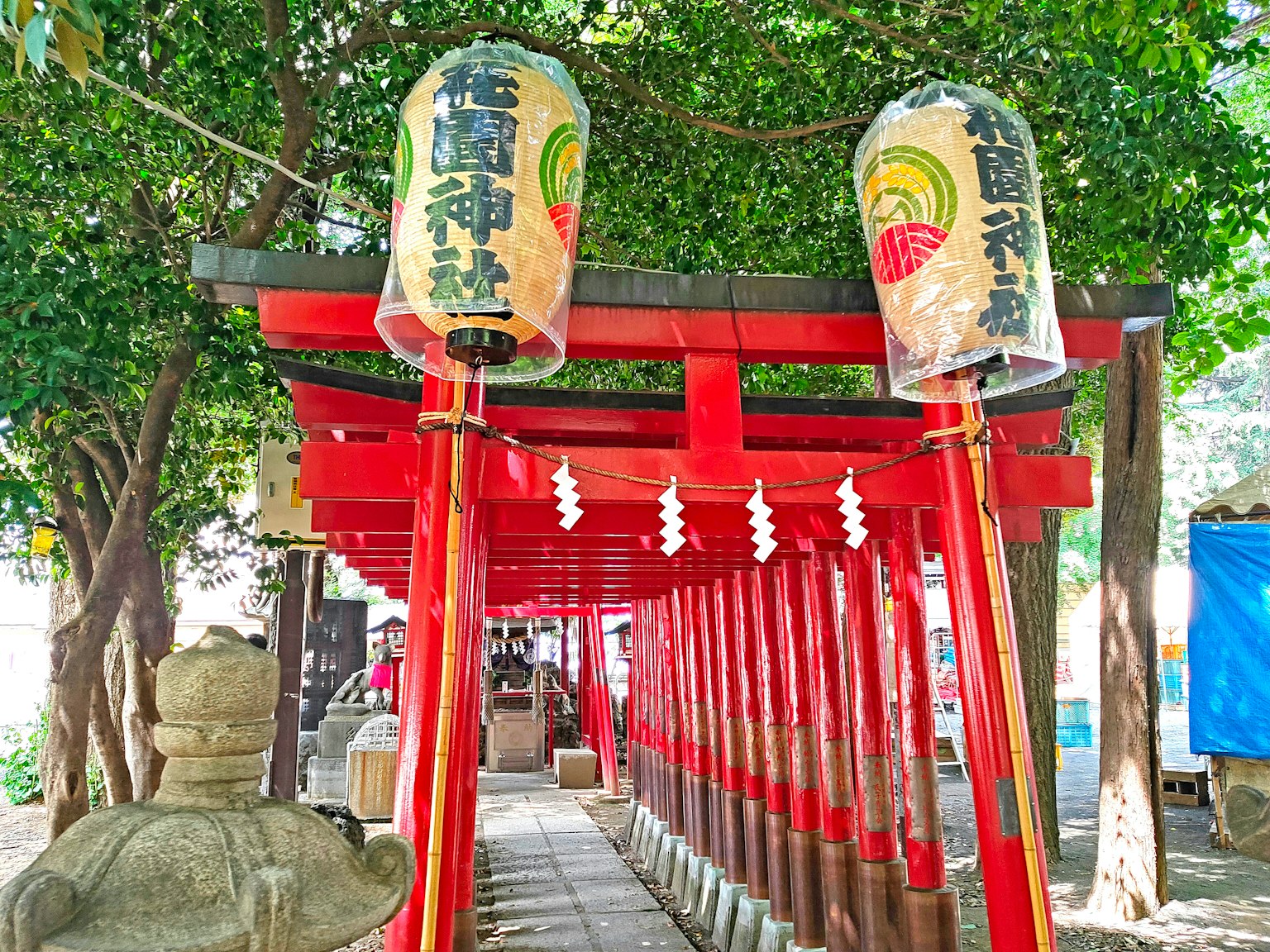 Ingresso di un santuario con porte torii rosse e lanterne