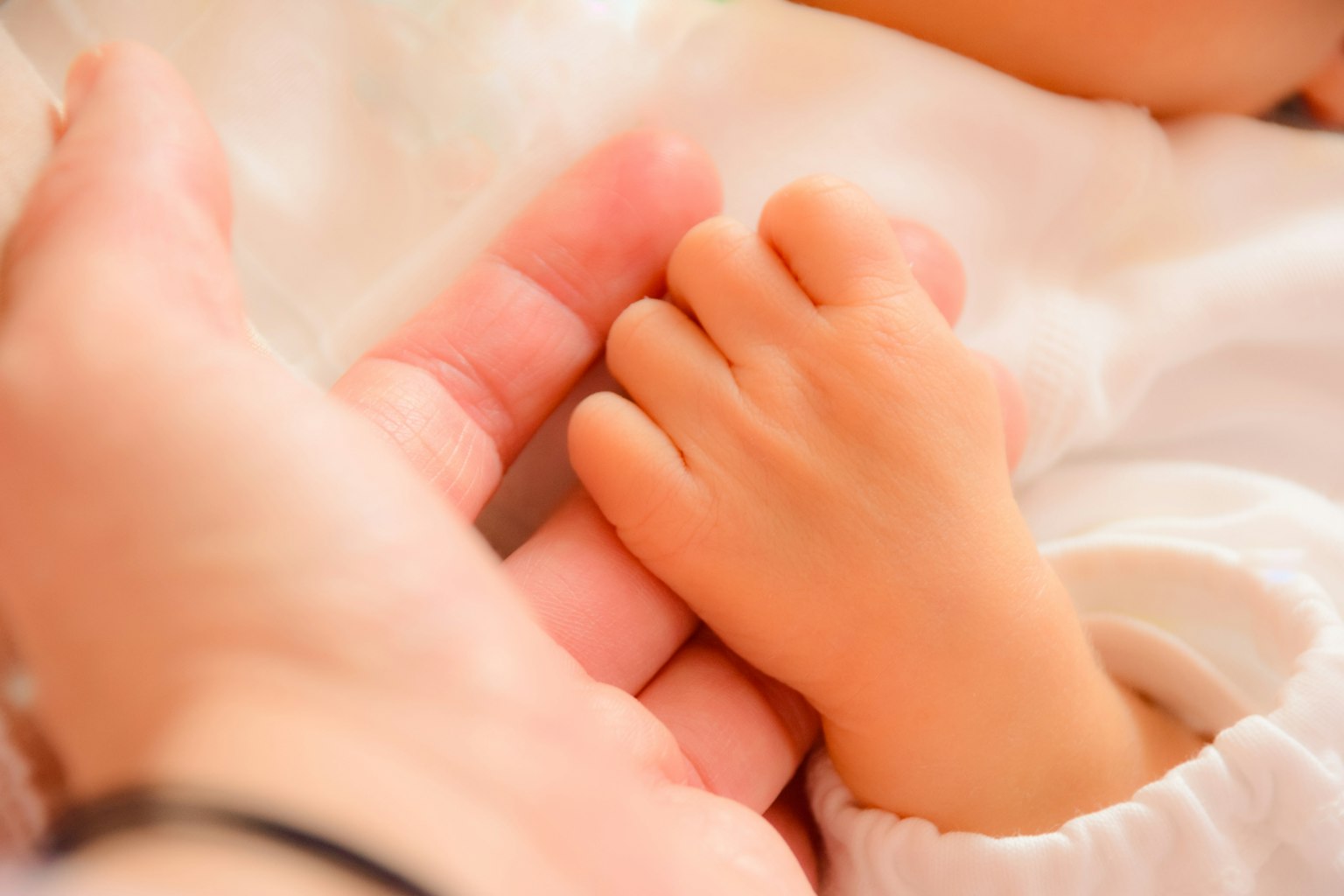 Sebuah tangan kecil bayi memegang tangan orang dewasa dalam momen lembut