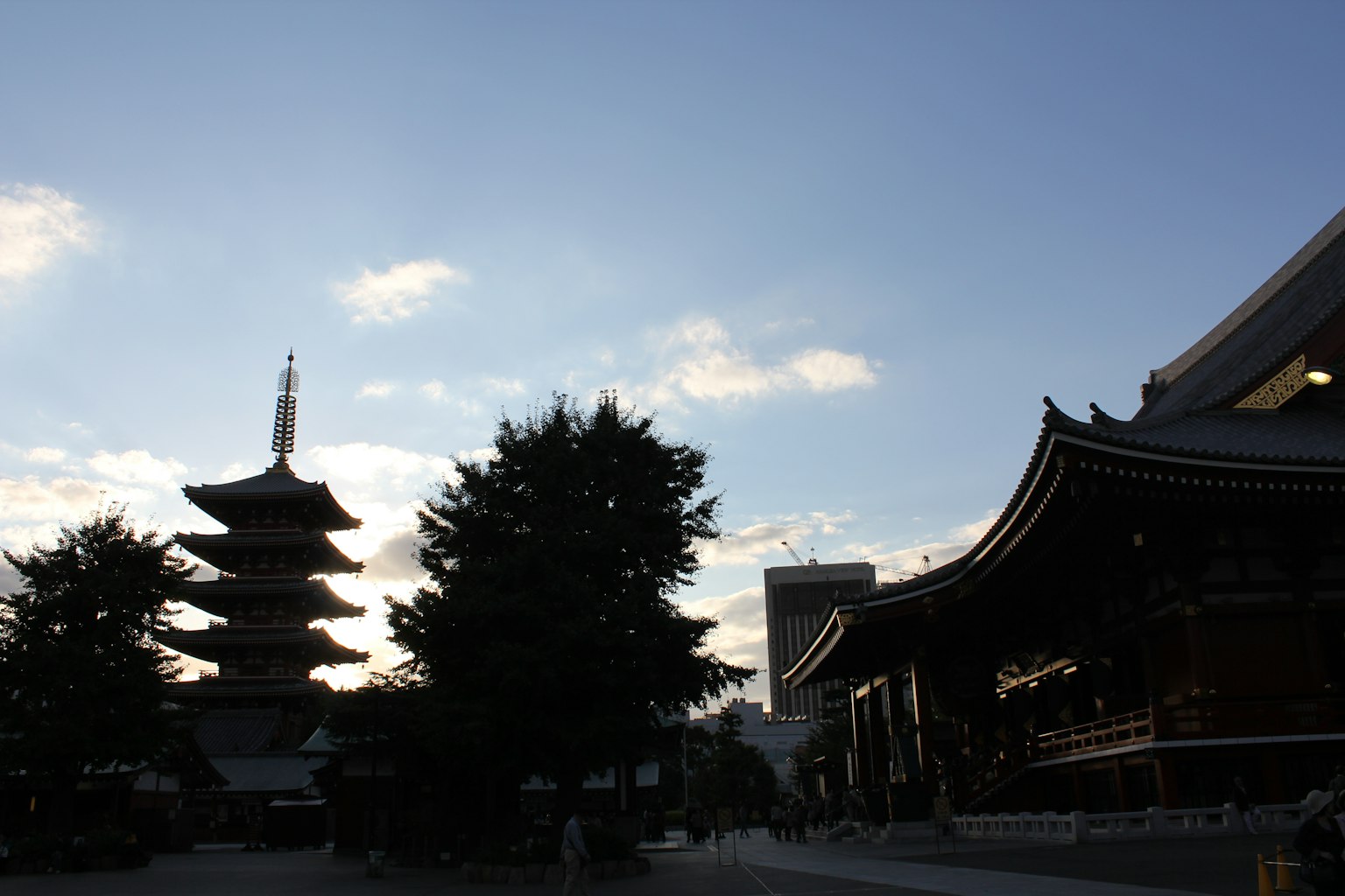 Silhouette của một ngôi chùa và tháp ở Tokyo vào lúc hoàng hôn