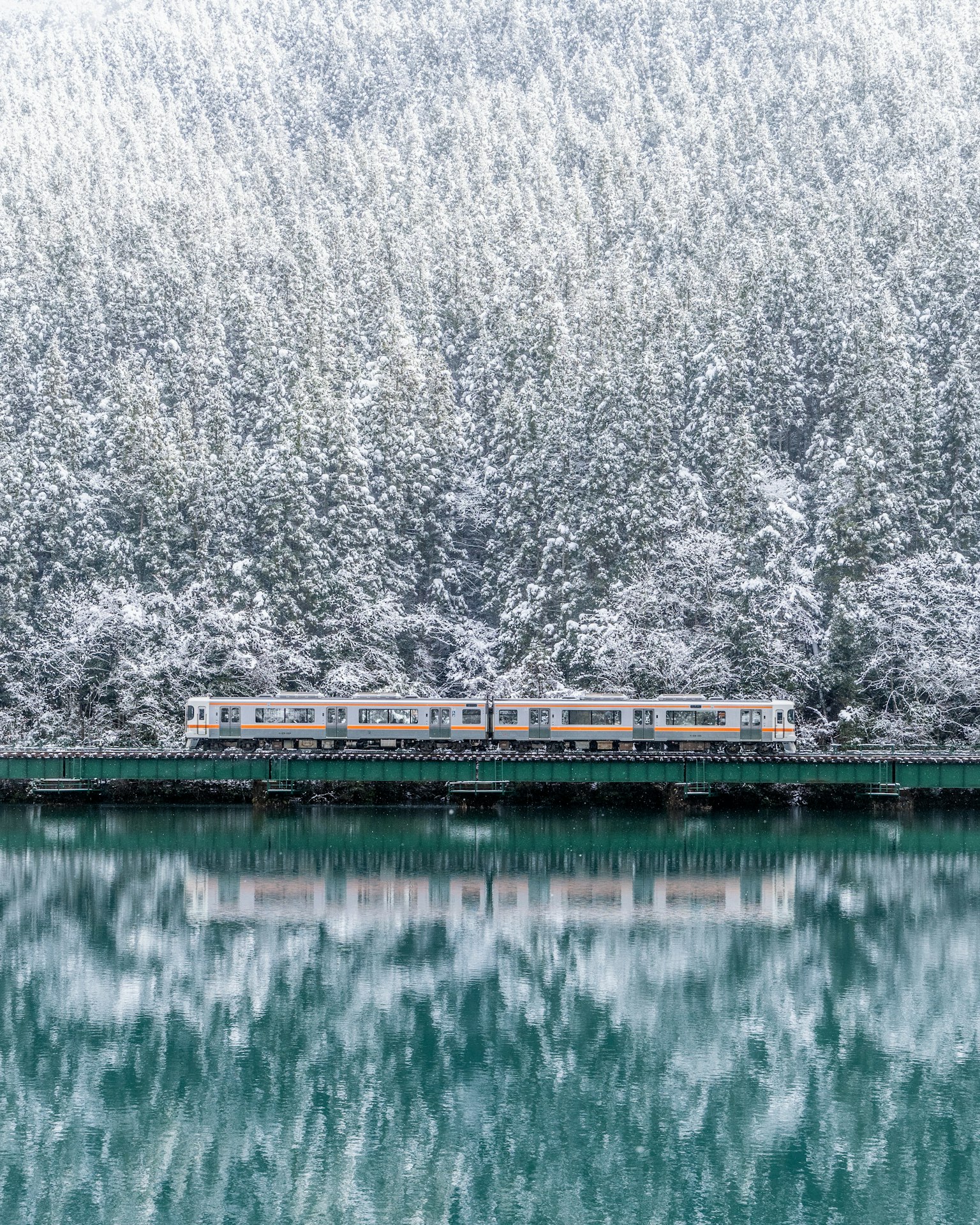 沿着被雪覆盖的森林和宁静湖泊行驶的火车