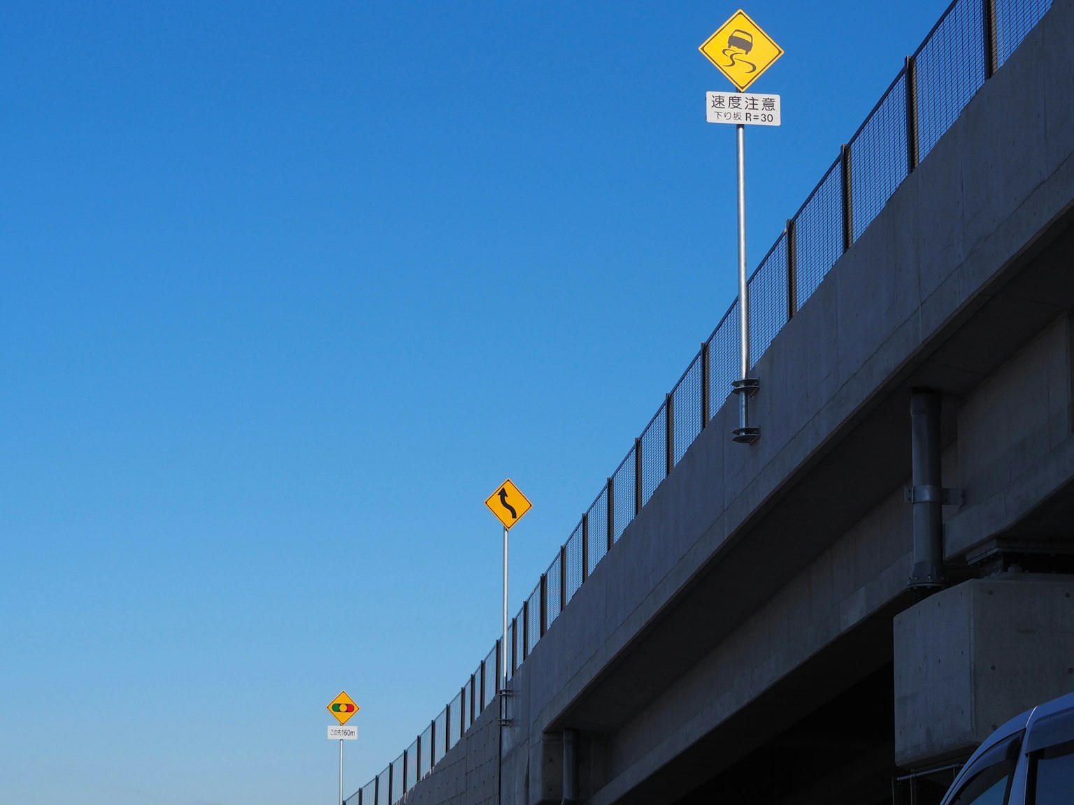 Imagen de señales de tráfico y un puente elevado bajo un cielo azul