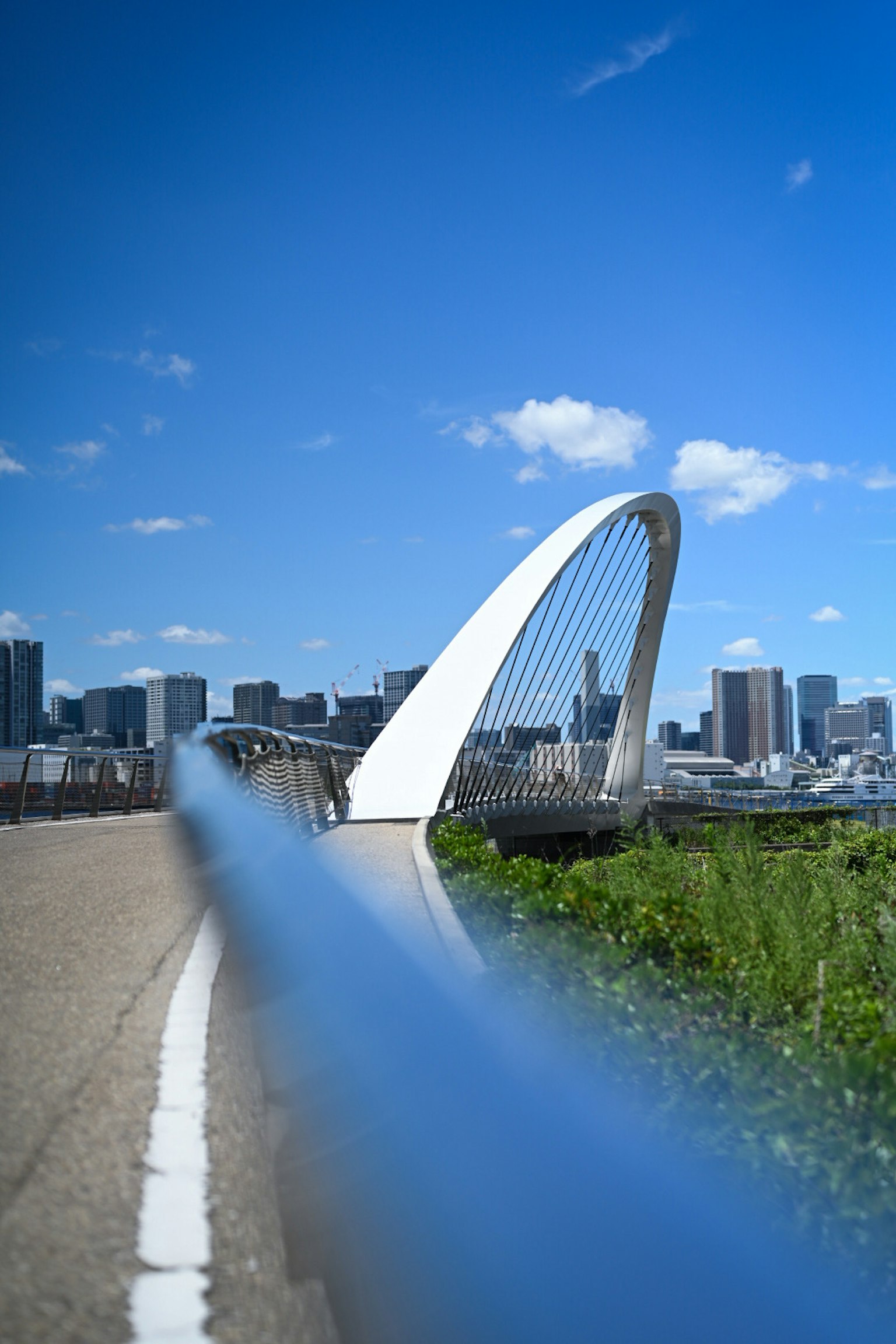 青空の下にある現代的なアーチ型の橋と都市の景観