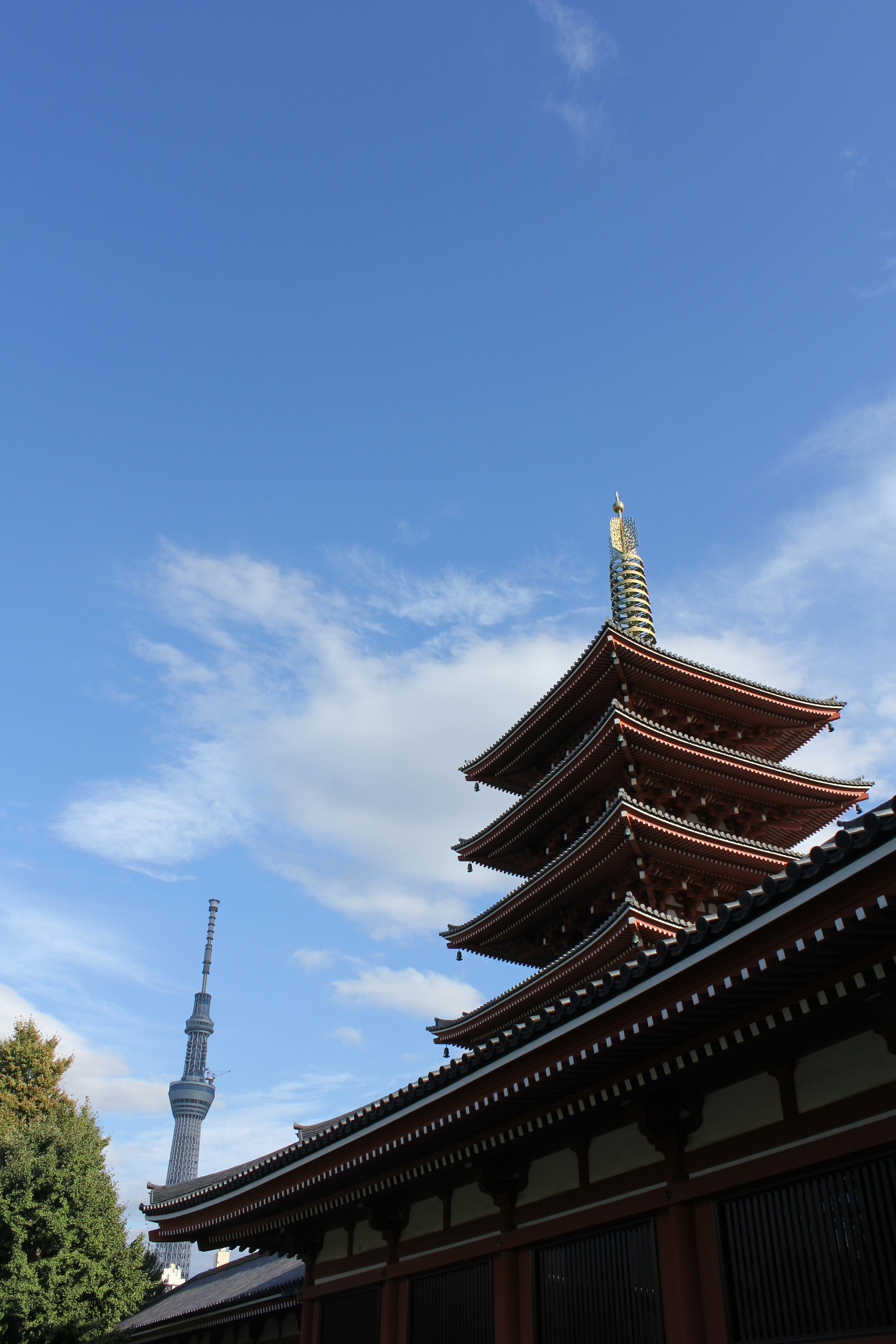 青空の下にそびえる寺院の多層の屋根と塔