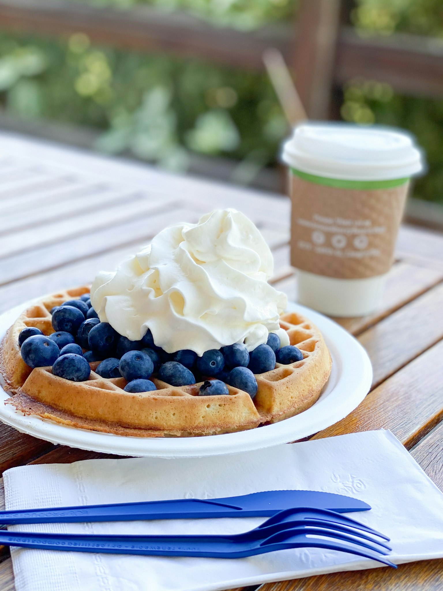 ブルーベリーとホイップクリームがトッピングされたワッフルとコーヒー