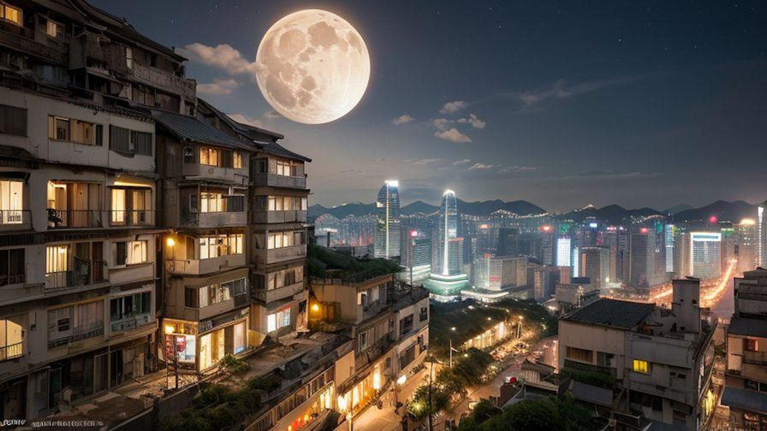 夜間城市景觀，明亮的摩天大樓和滿月