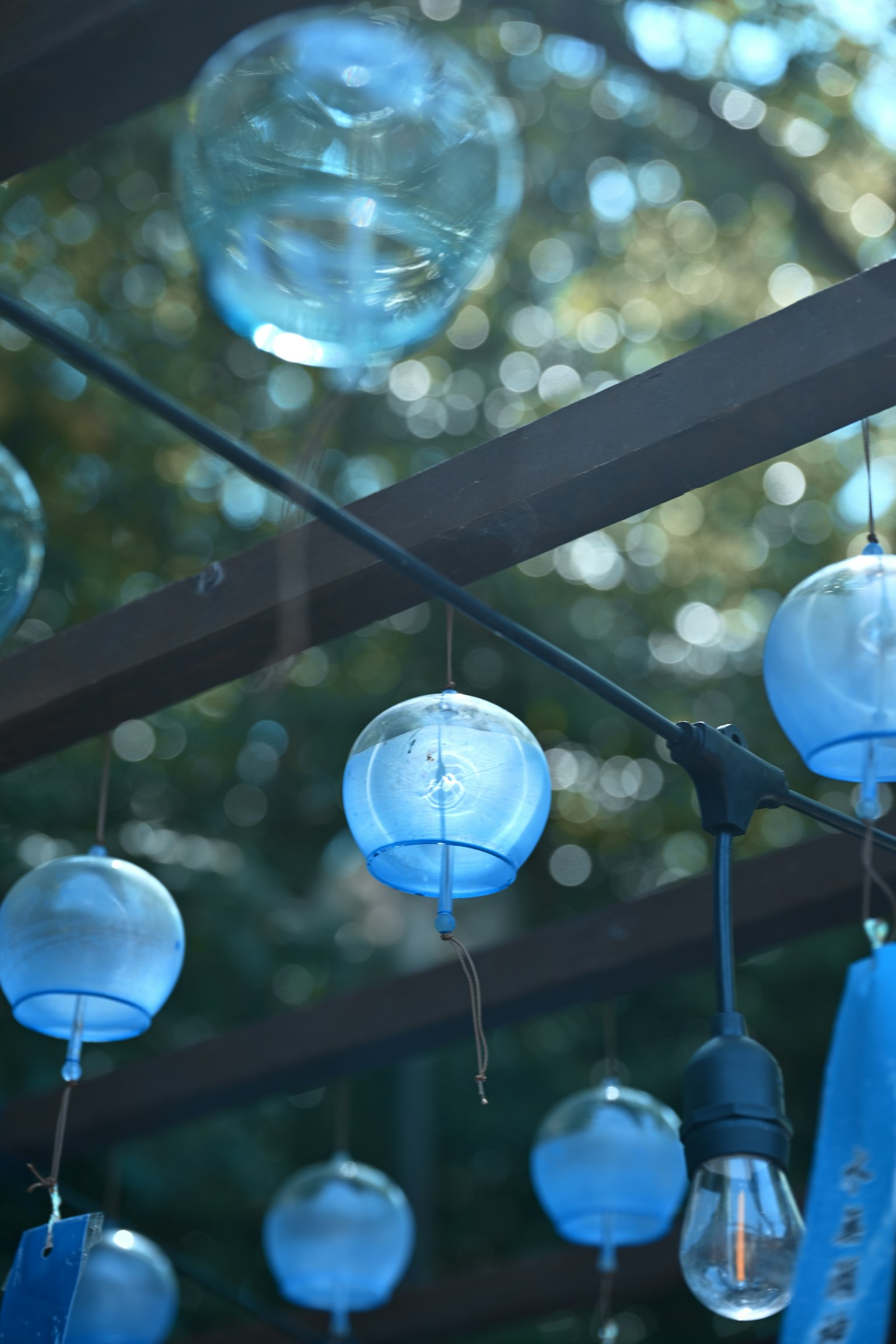 Escena al aire libre con campanas de vidrio azul colgantes