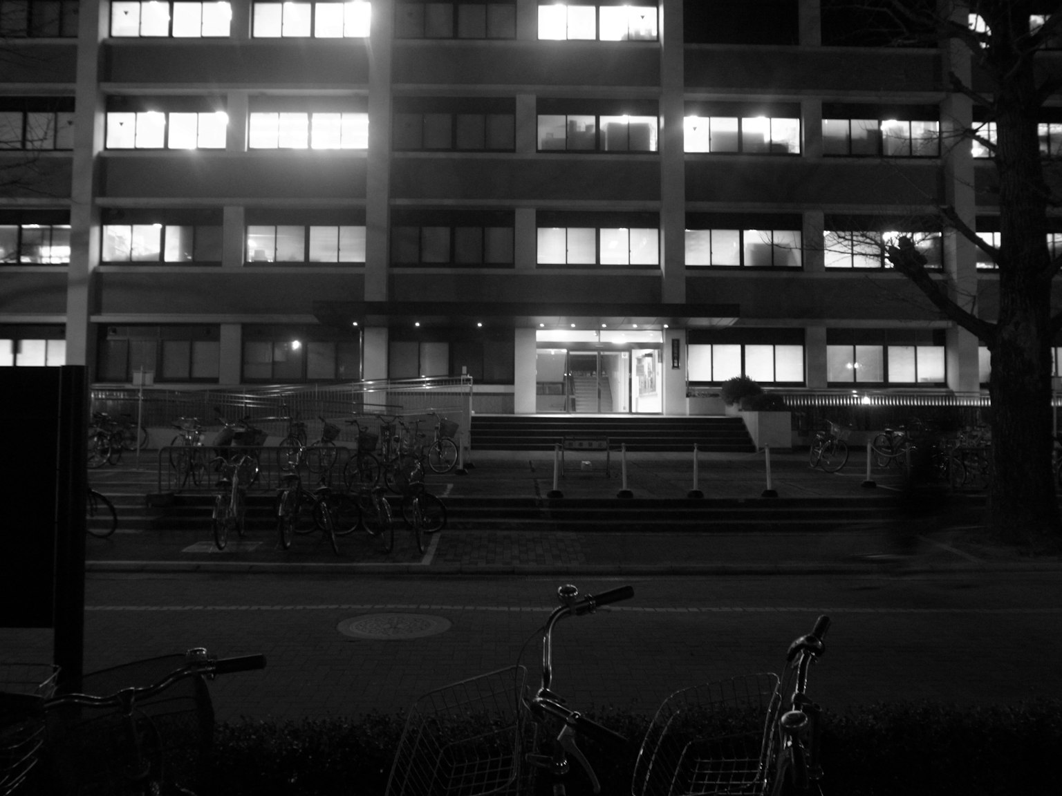Vue nocturne d'un bâtiment avec des fenêtres éclairées et des bicyclettes garées
