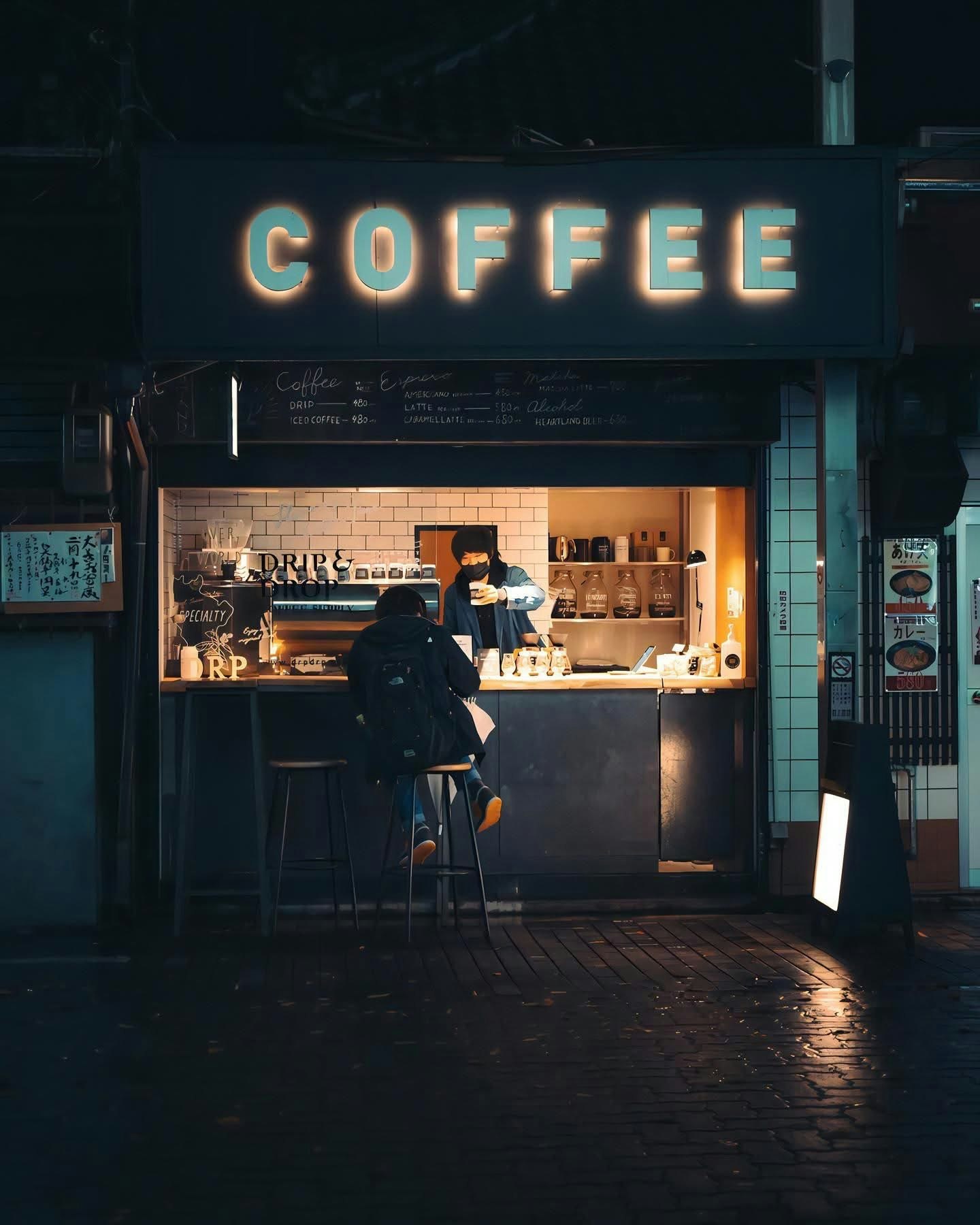 ネオンの「COFFEE」看板がある夜のコーヒー店の入口