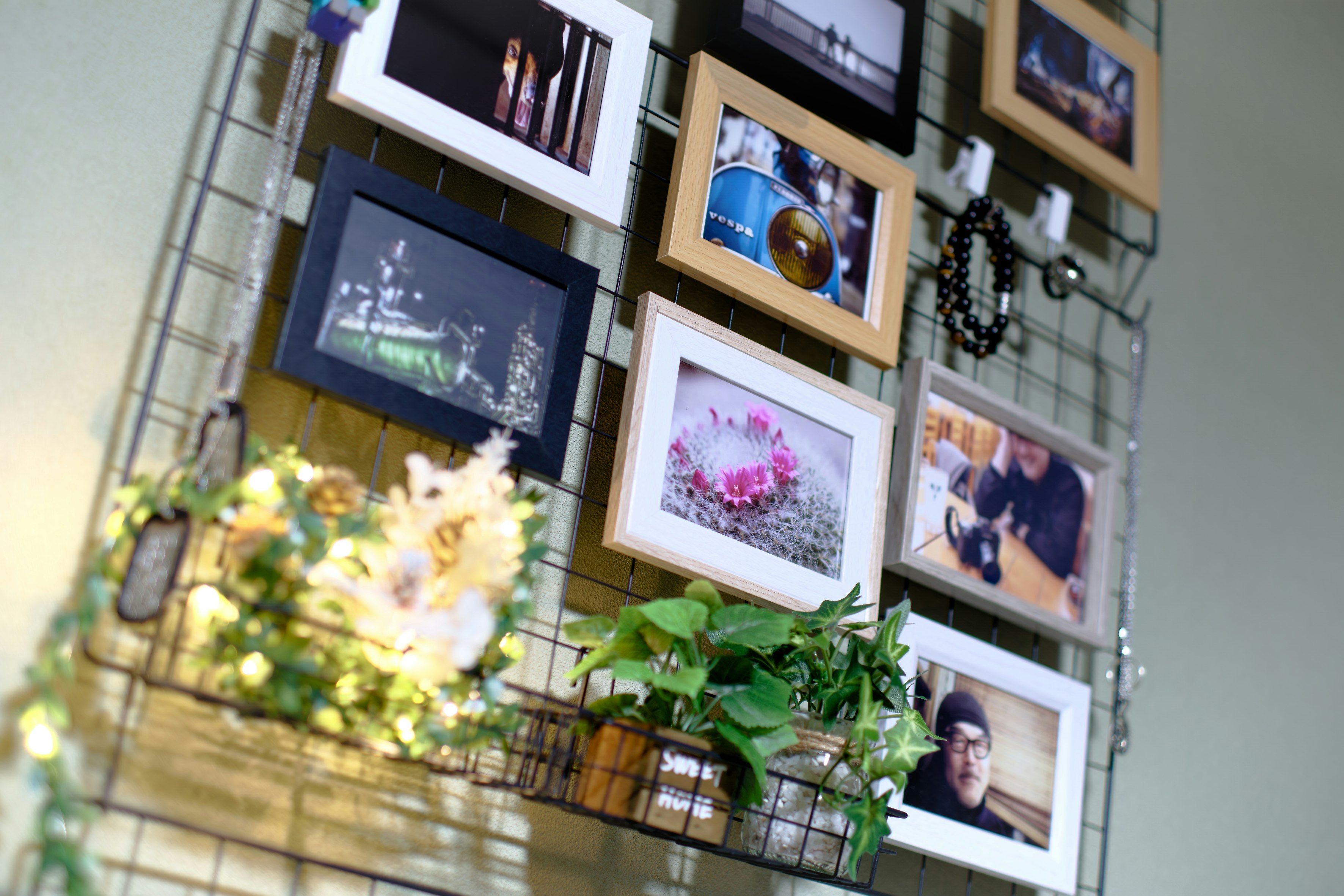 stampe fotografiche e fiori appesi su una parete di casa