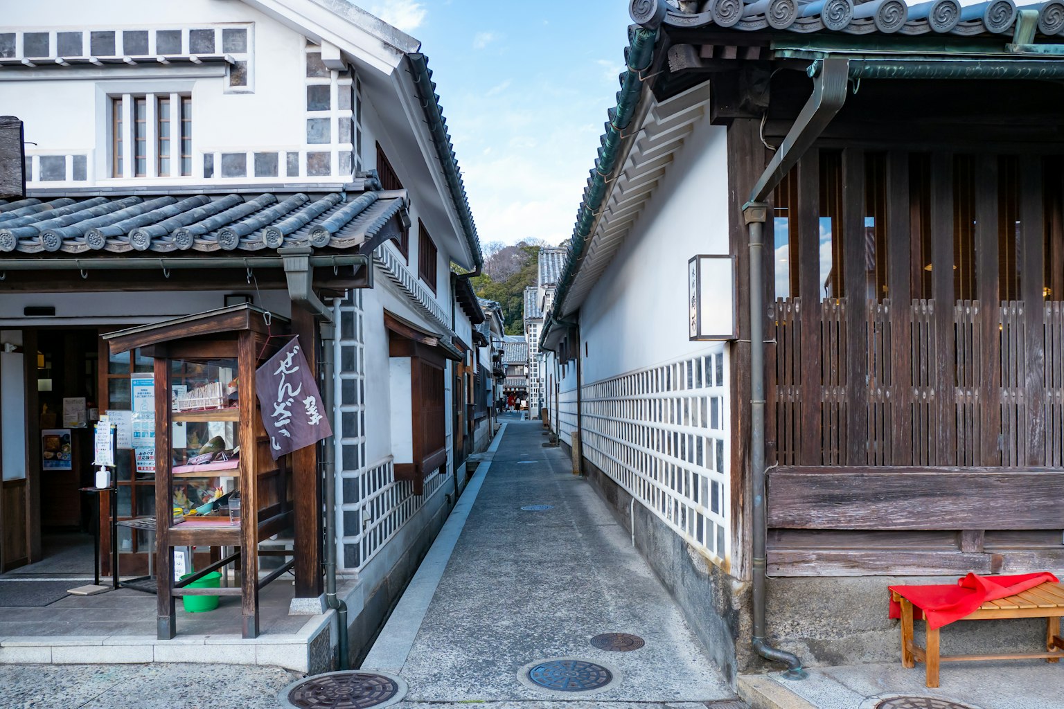狭窄的小巷两旁是传统的日本建筑和商店