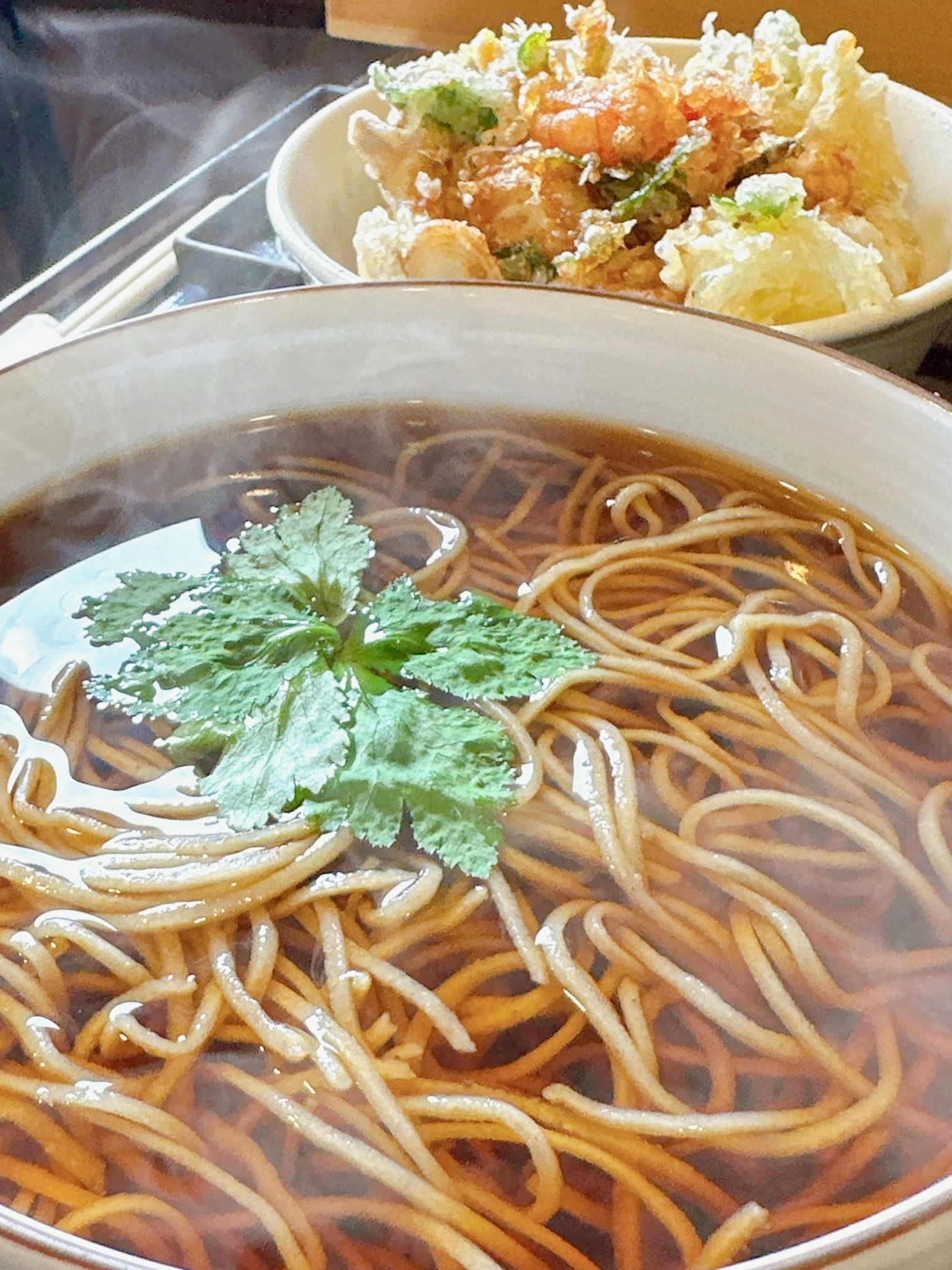 Bol de soba fumant avec une branche de menthe