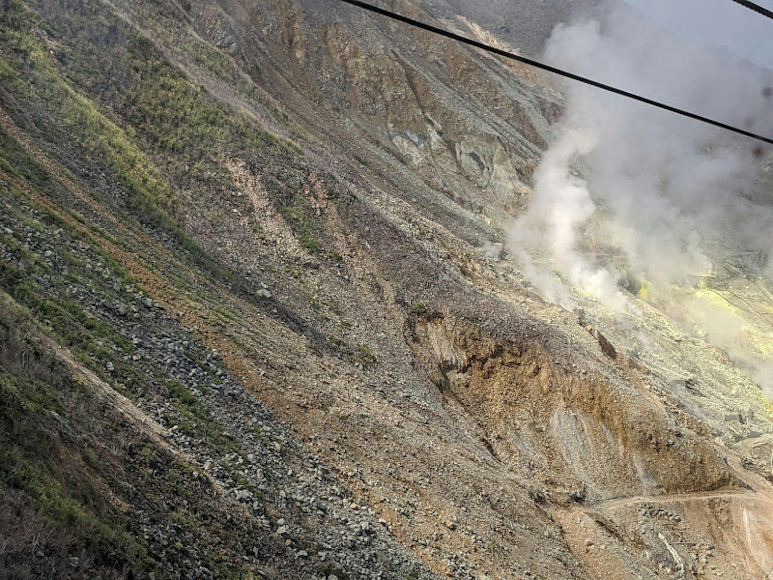 Fumo che sale da un pendio montano con vegetazione e rocce visibili