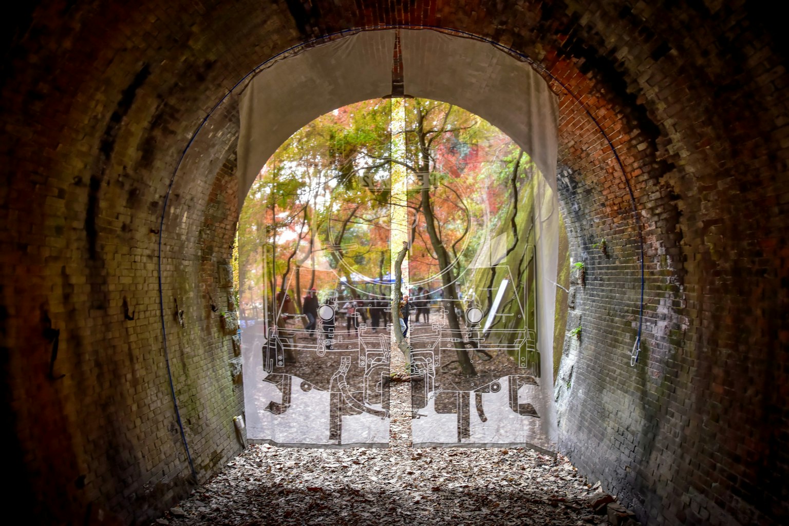 Arco di tunnel che rivela un fogliame autunnale vibrante