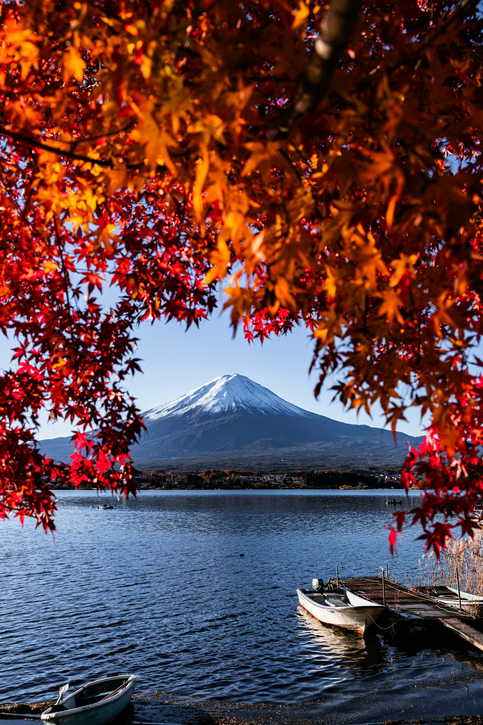 Pemandangan indah Gunung Fuji dikelilingi oleh daun musim gugur merah cerah dan danau