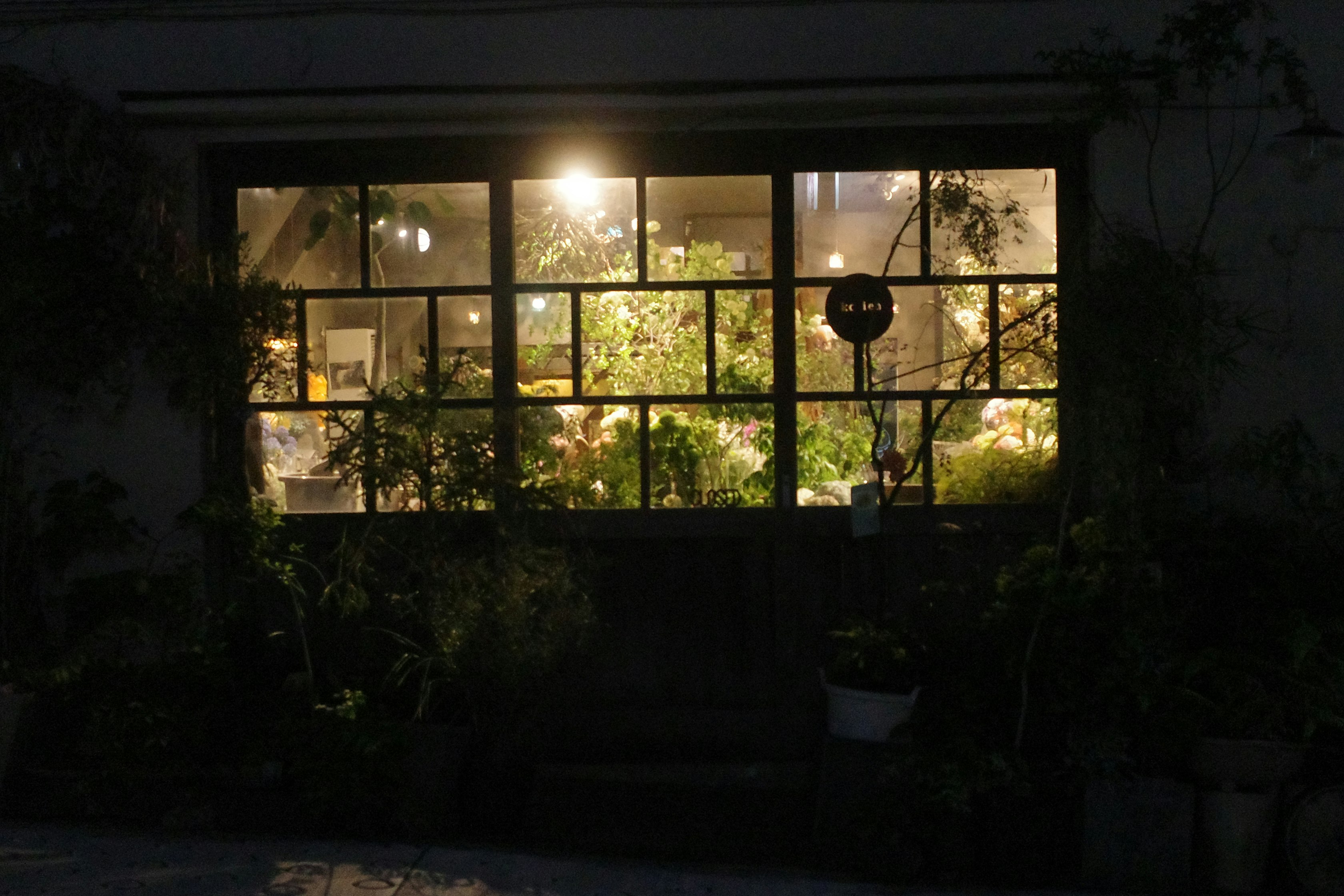 夜の窓辺に灯る室内の明かりと外の庭のシルエット