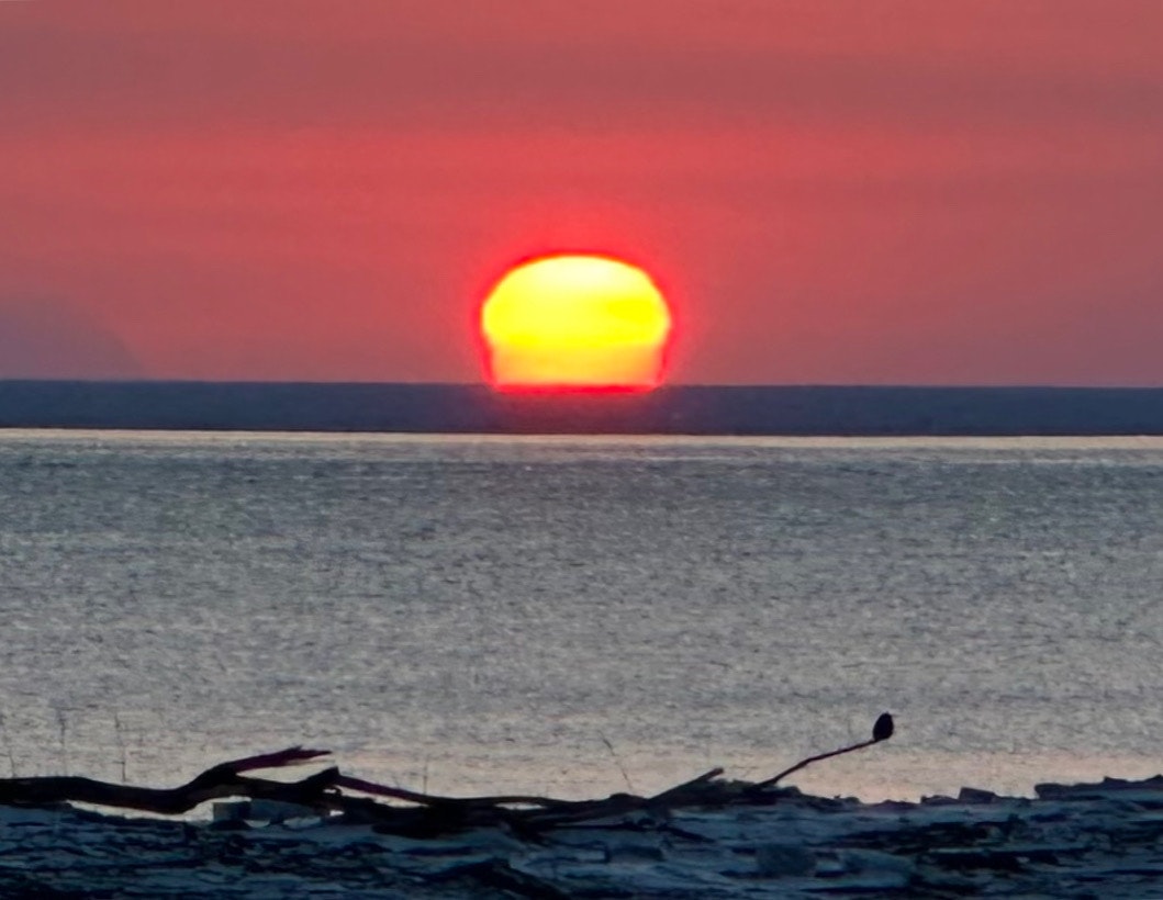 水平線に沈む夕日と波打ち際の海景