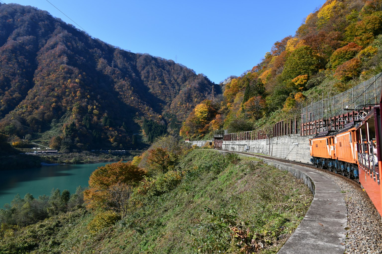 Treno che percorre un fiume circondato da montagne con foglie autunnali
