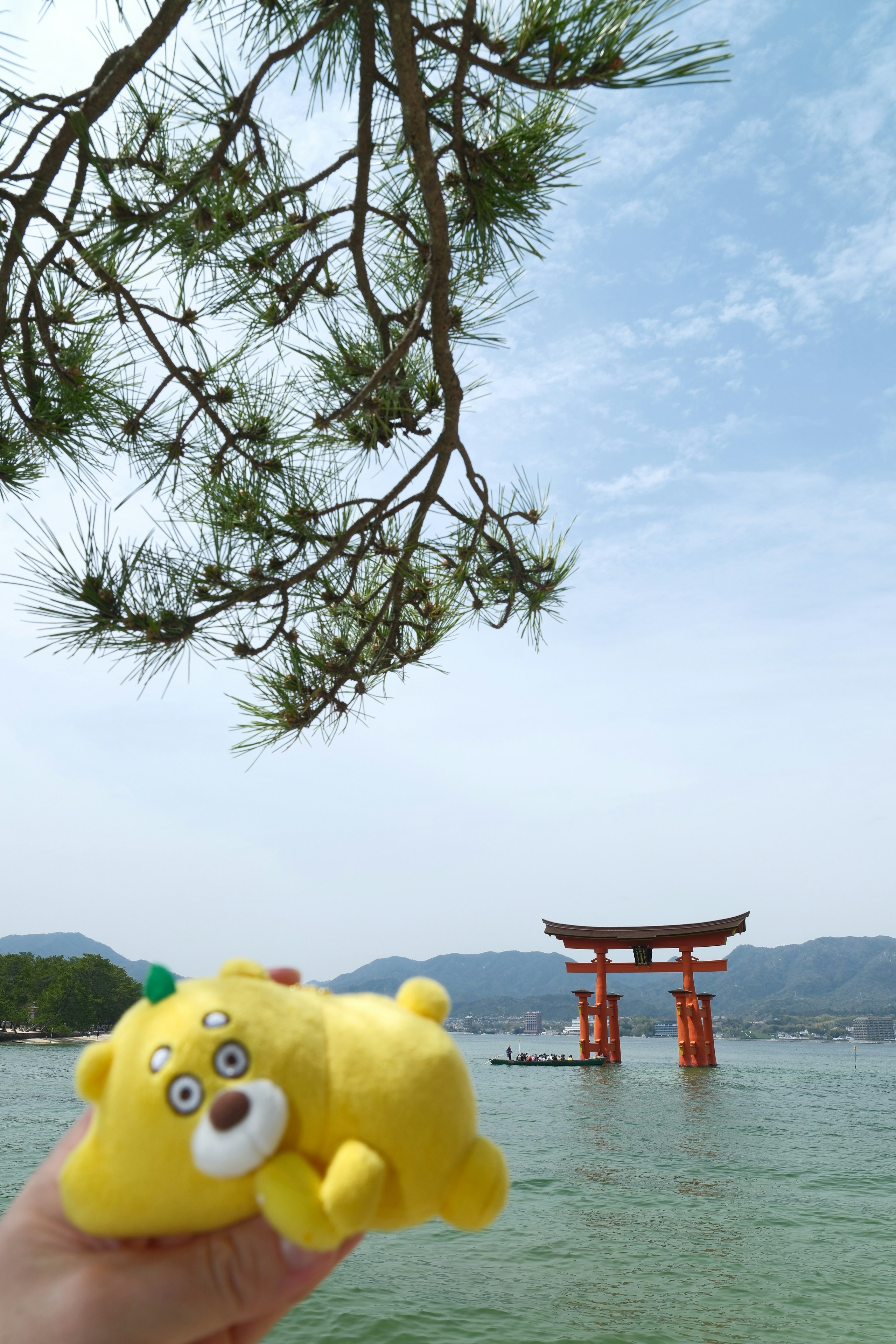 宮島の海辺で手に持つぬいぐるみと厳島神社の大鳥居