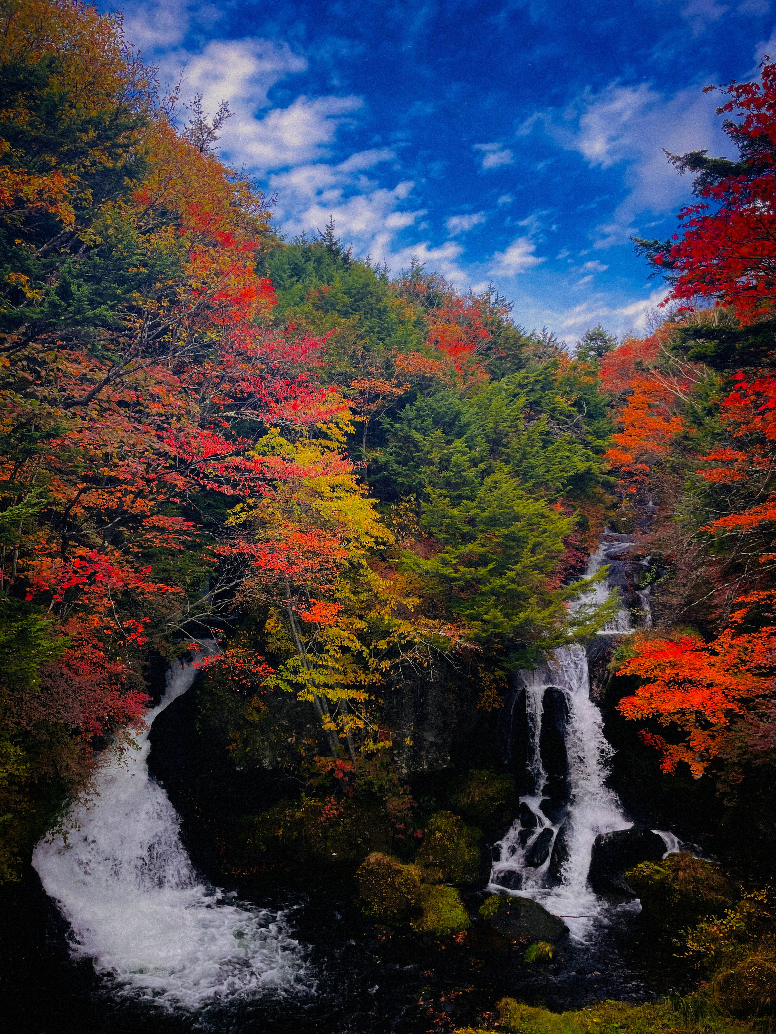 紅葉に囲まれた竜頭の滝の流れ
