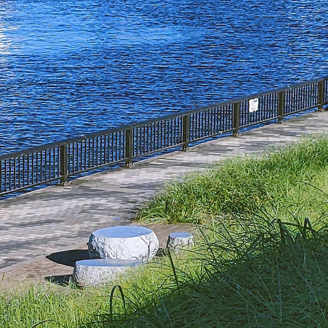 川沿いの遊歩道と青い水面、緑の草