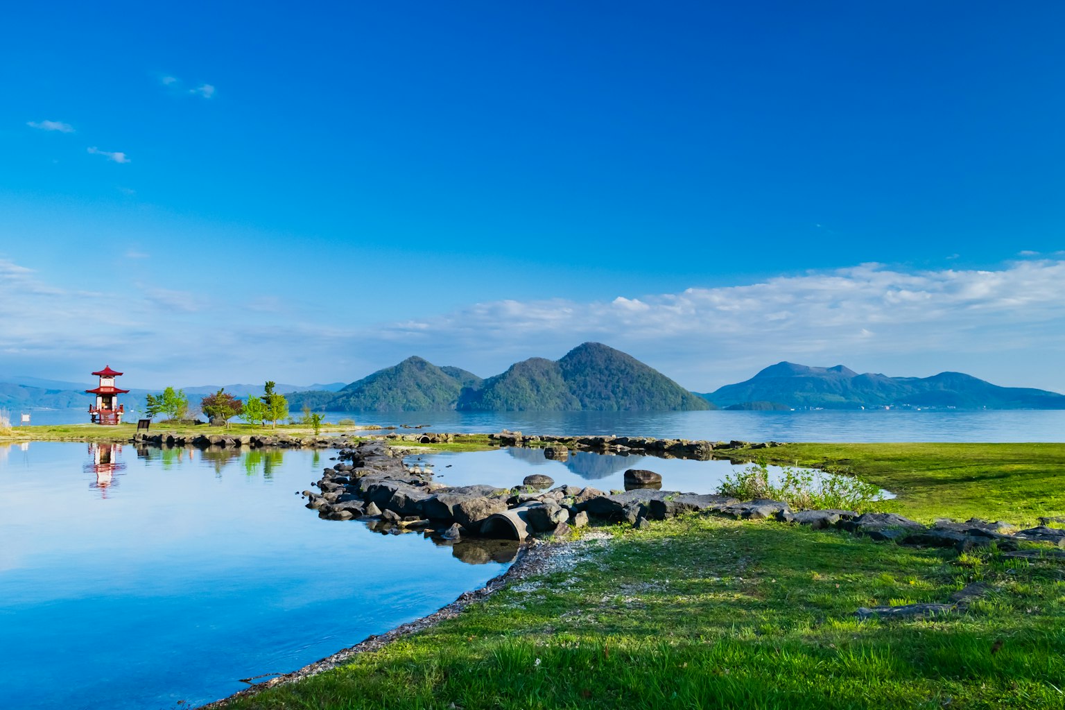 Serene lake landscape reflecting blue sky and mountains with green grass
