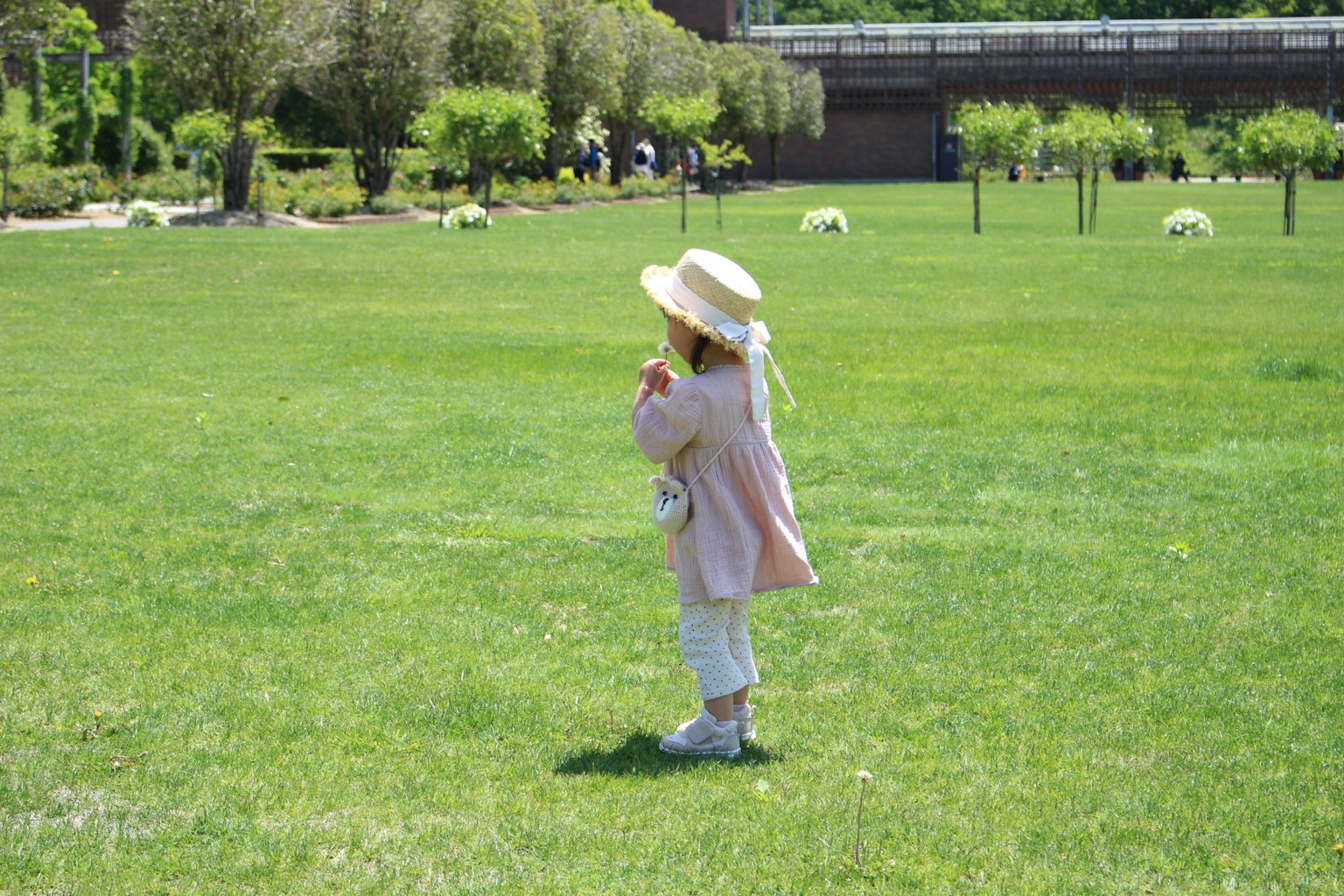 A young girl standing in a green field wearing a pink coat and white pants with a straw hat