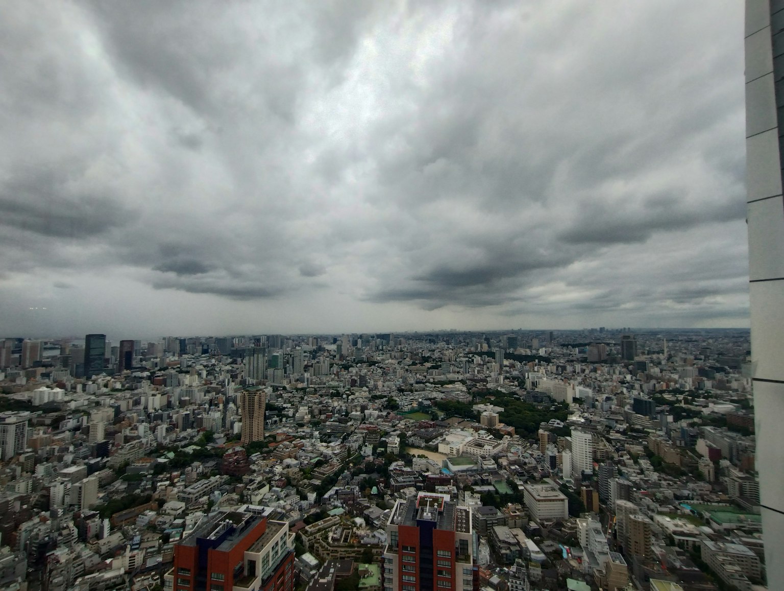 Pemandangan luas lanskap perkotaan Tokyo di bawah langit mendung
