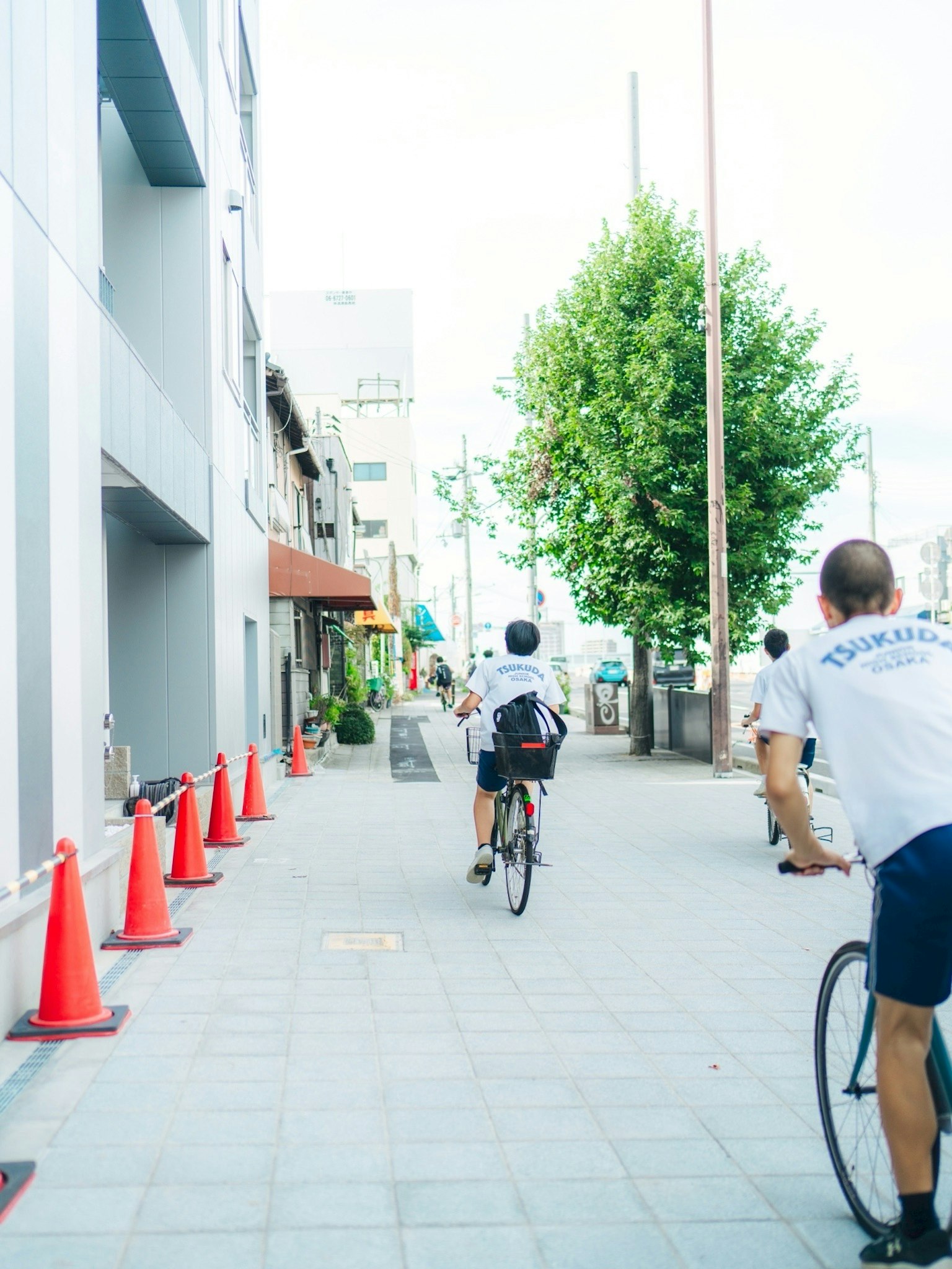 自転車に乗る二人の男性が歩道を進む様子と周囲の建物や緑の木