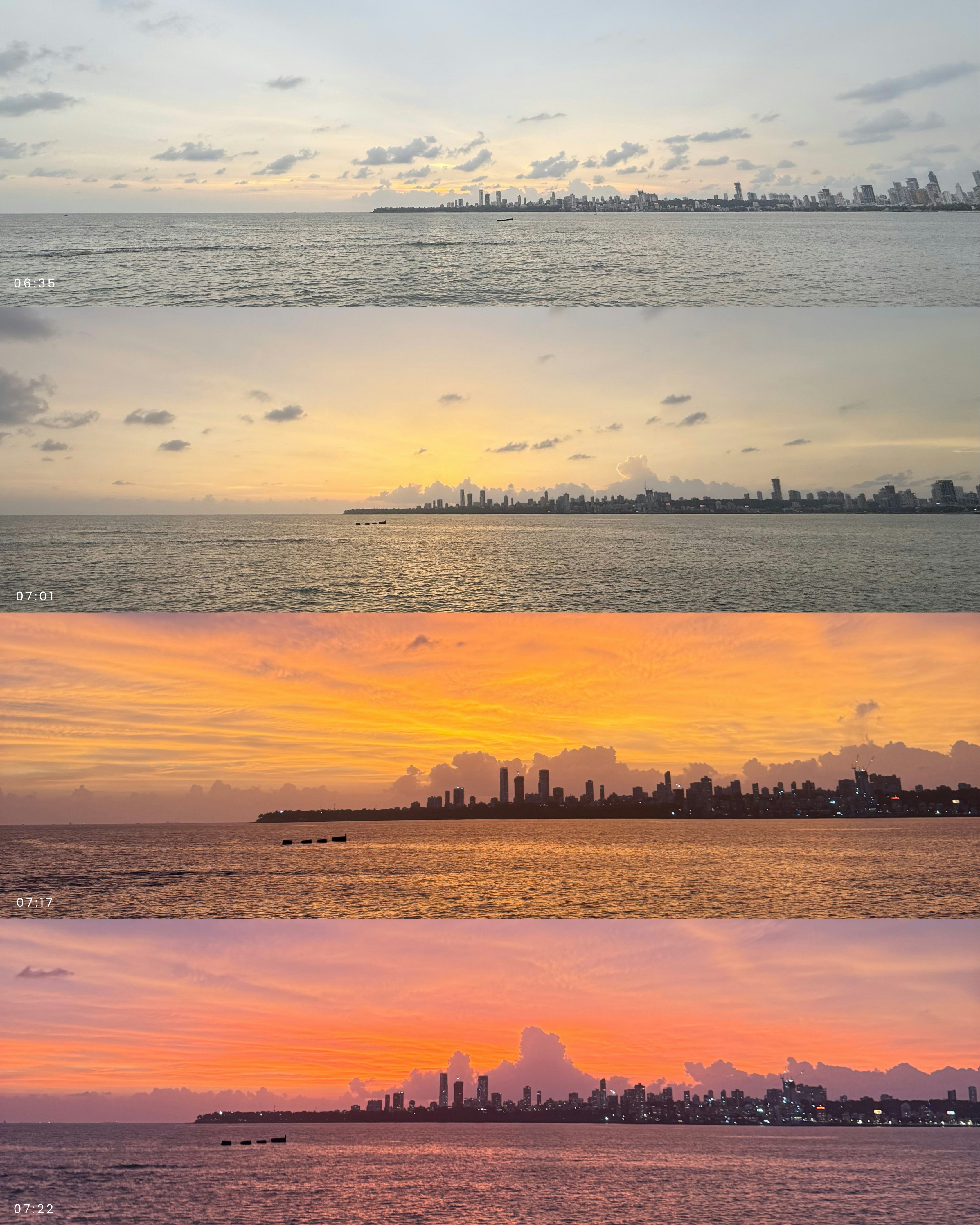 海の上に広がる都市のシルエットと美しい夕焼けのグラデーション