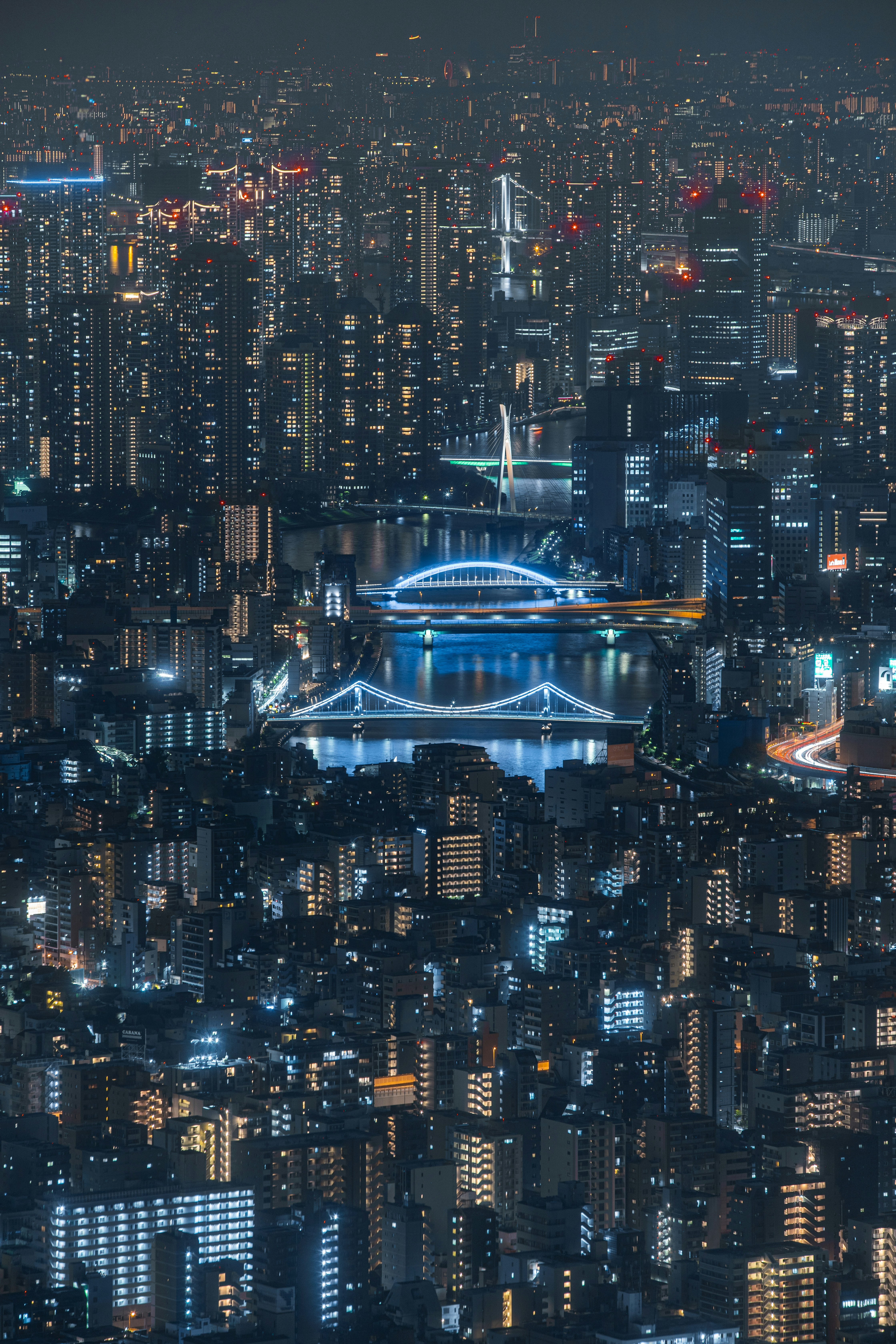 夜景の高層ビル群と光の橋のある都市の俯瞰
