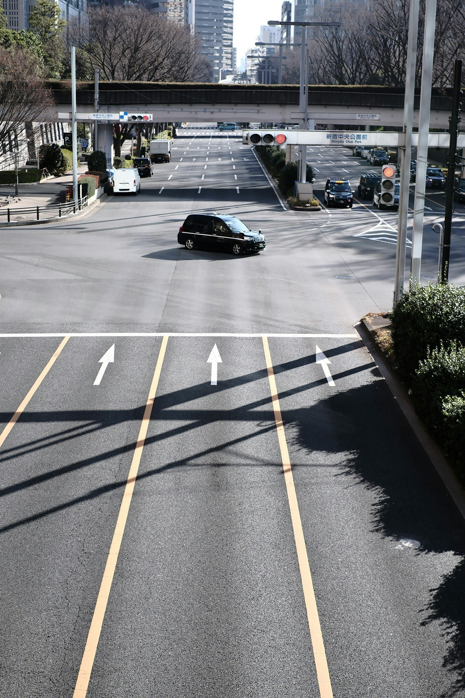 高楼背景的城市路口，车辆等待信号