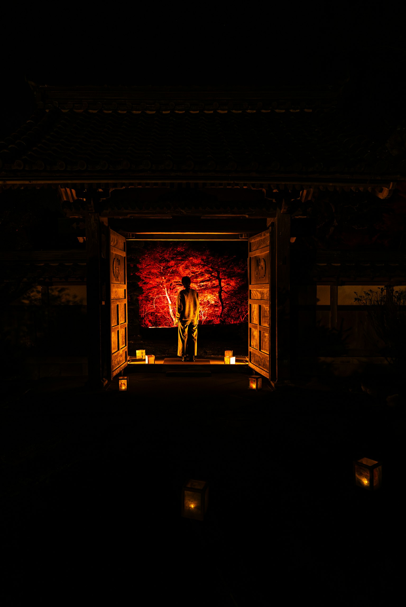 Œuvre d'art lumineuse contre un fond sombre avec une silhouette humaine