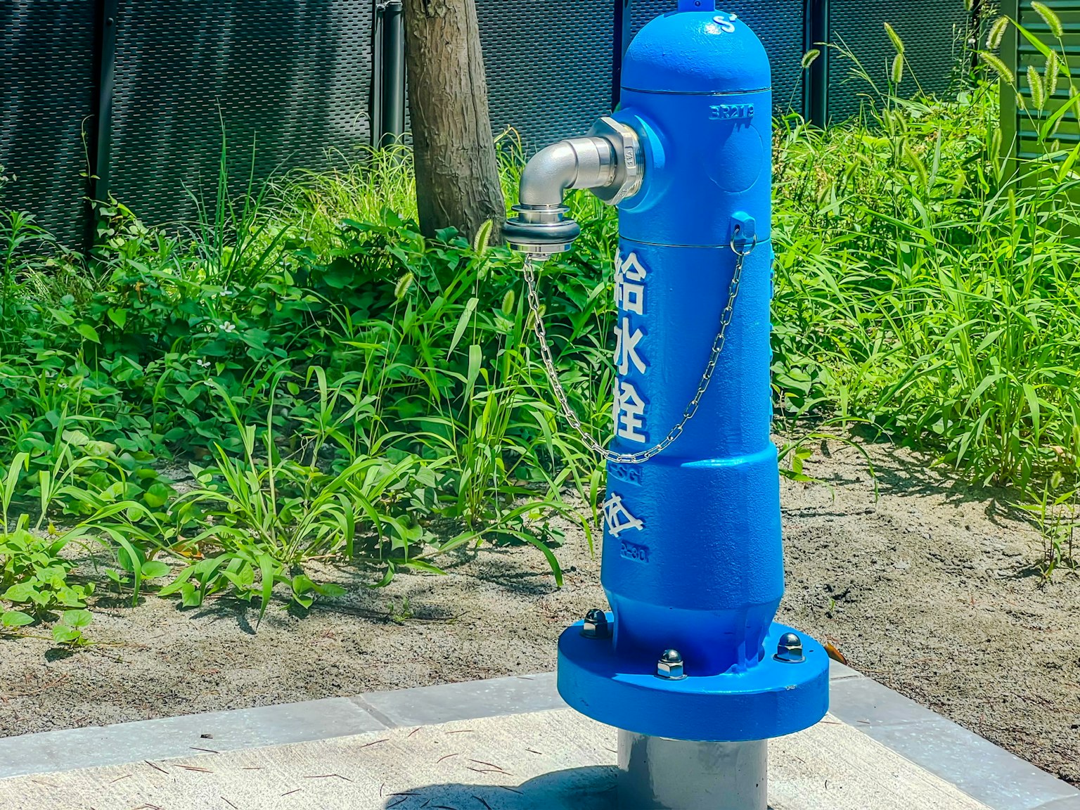 Pompa d'acqua blu con sfondo di erba verde