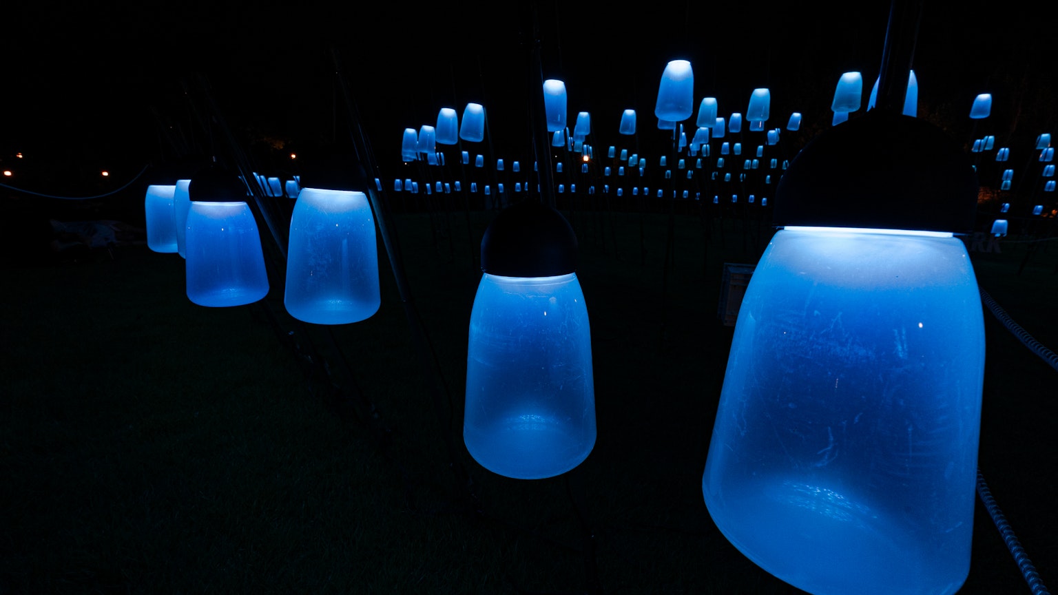 A night scene with glowing blue lamps arranged in a row