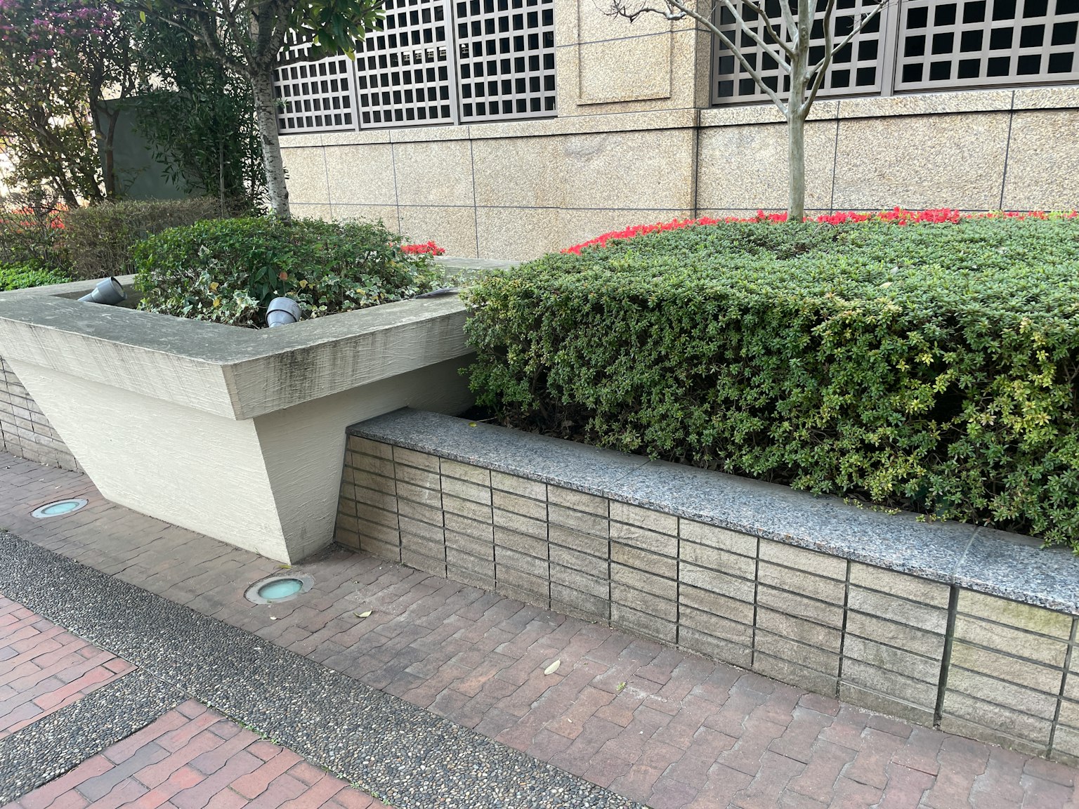 风景展示了修剪整齐的灌木和混凝土长椅