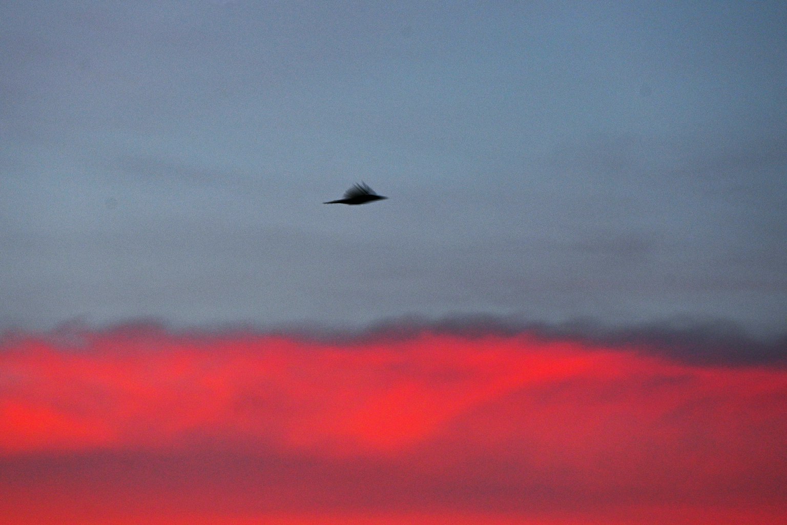 Silueta de un OVNI contra un cielo rojo