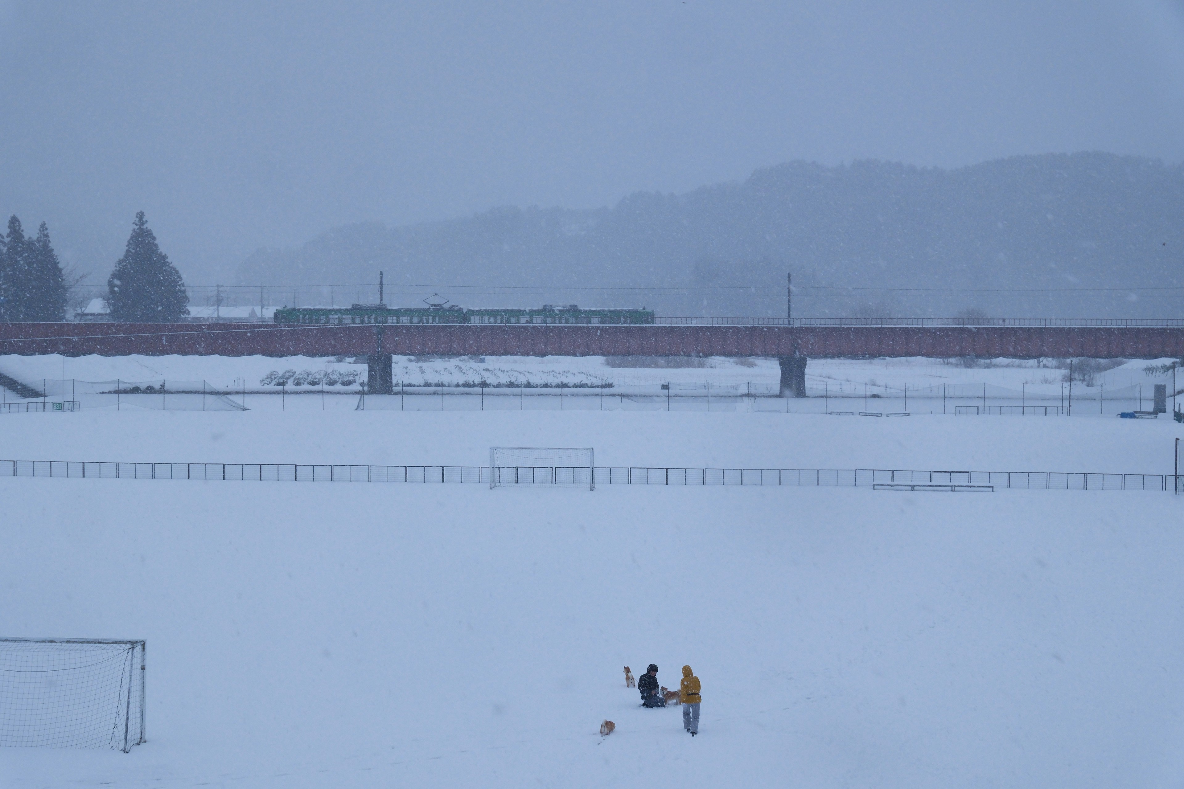 雪の中を走る電車と線路のある風景