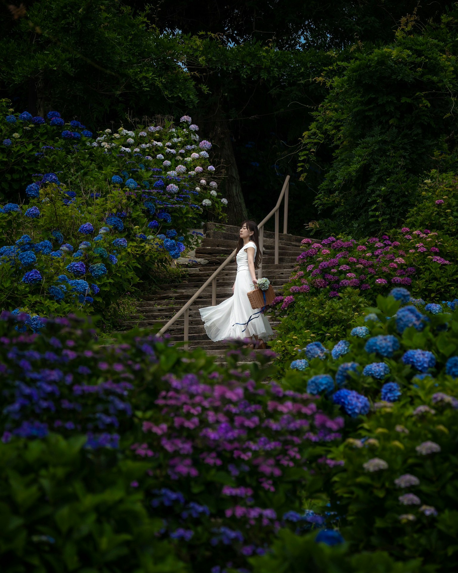 白いドレスを着た女性が階段を上る美しい花々に囲まれた風景