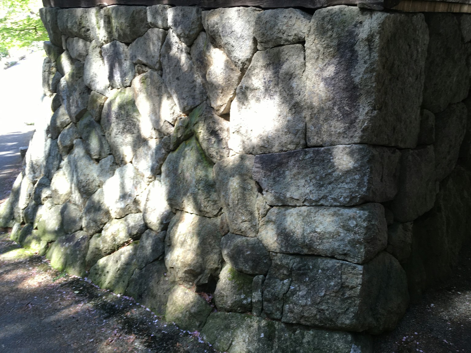 Close-up of a stone wall with visible moss and shadows