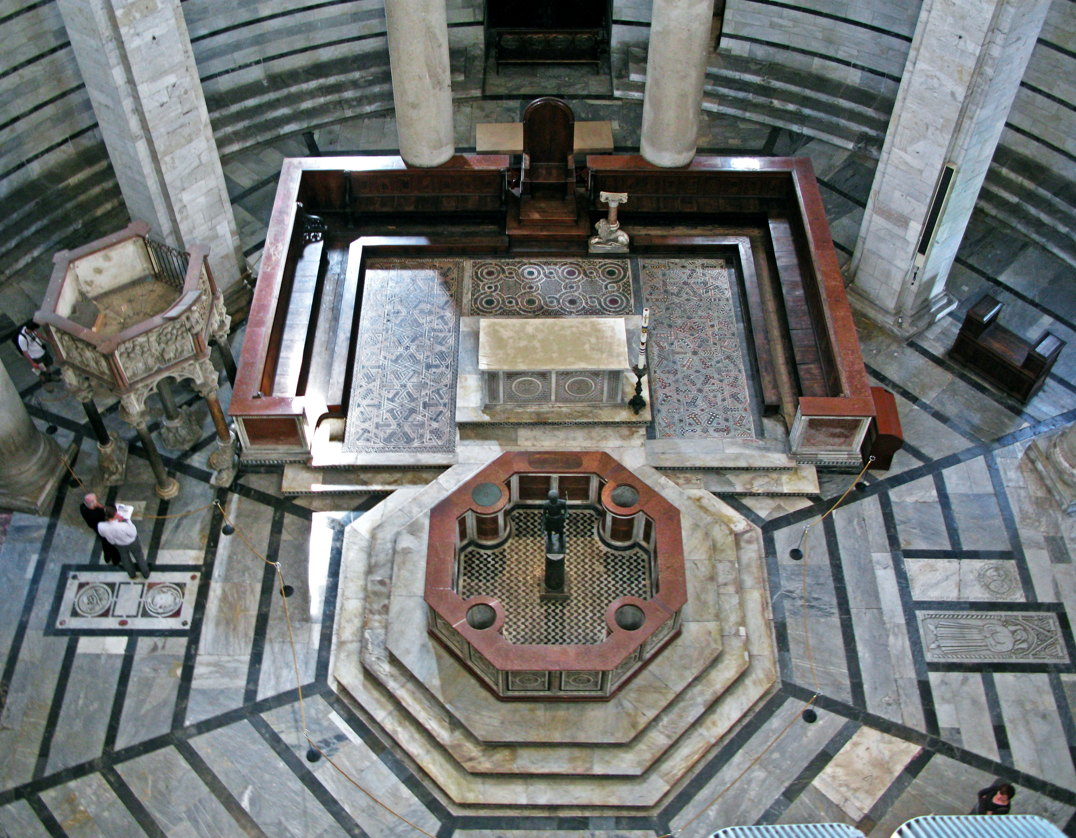 Geometric stone courtyard with a central altar