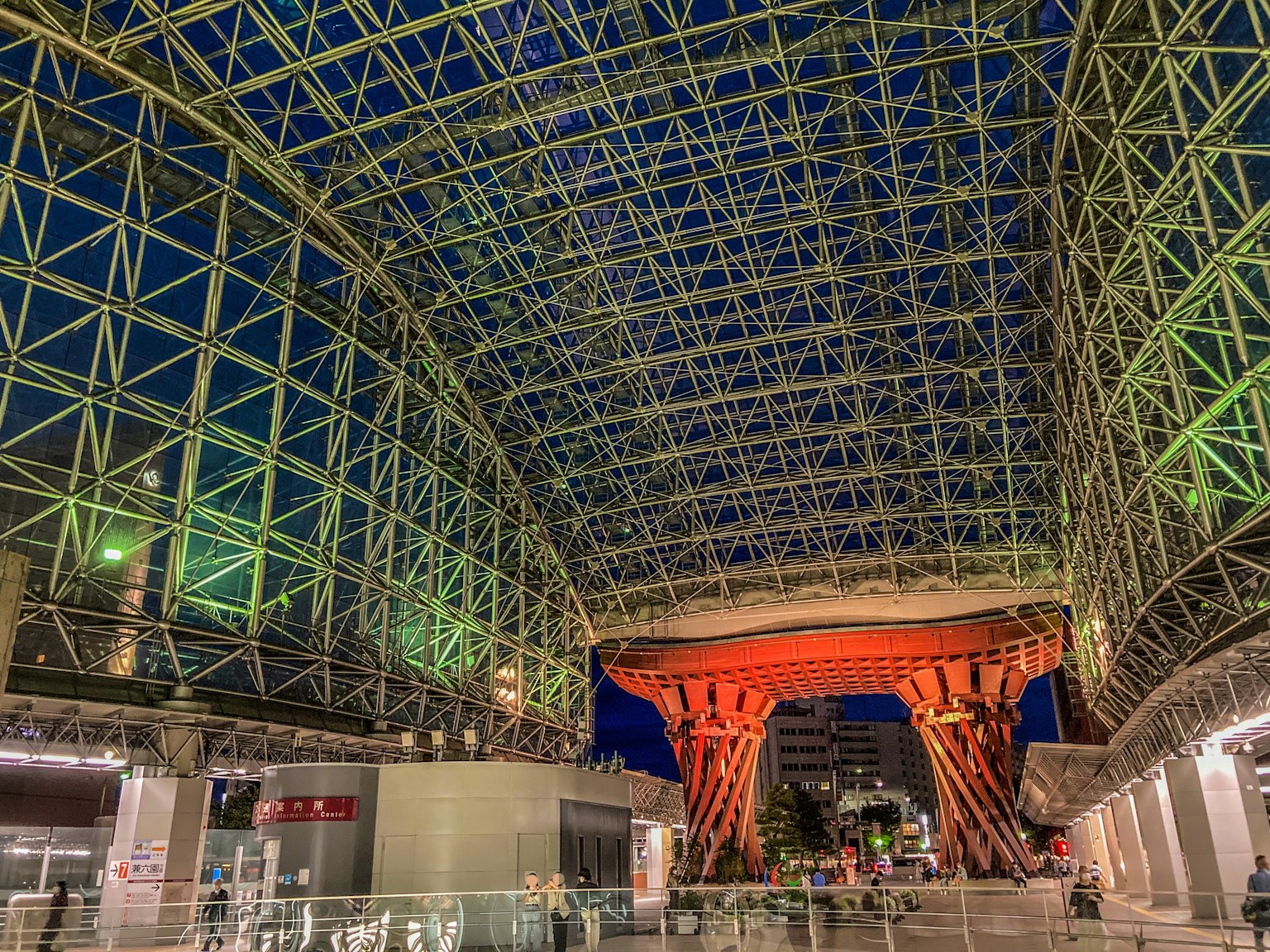 Beautiful roof structure and lighting of Kanazawa Station at night