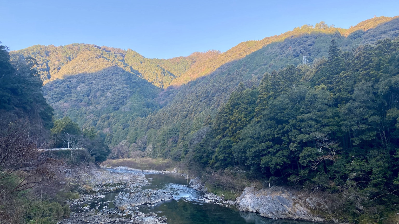 Vista panoramica di montagne e fiume foresta lussureggiante e flusso d'acqua dolce